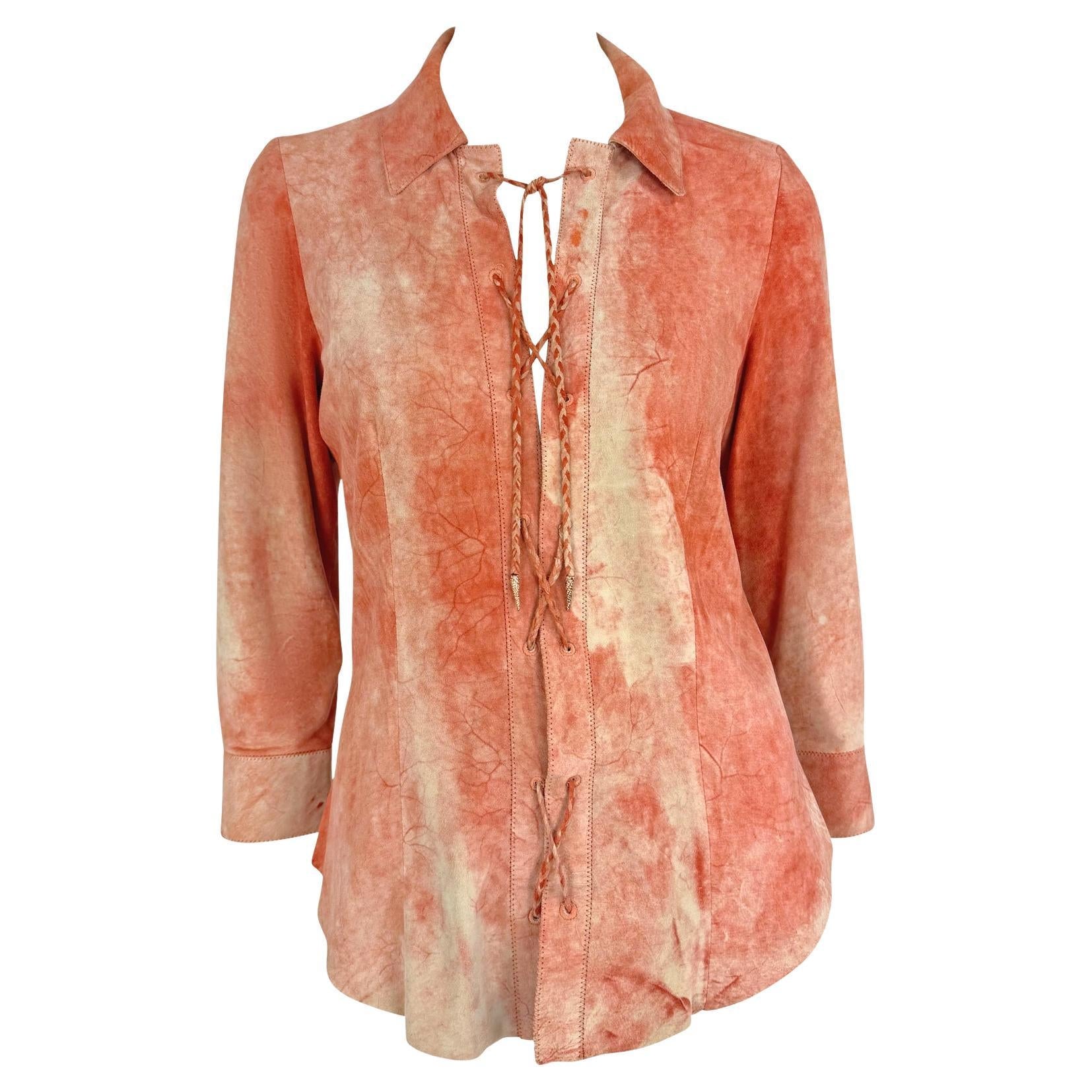 Early 2000s Roberto Cavalli Orange Dyed Suede Lace - Up Plunging Shirt - RealList