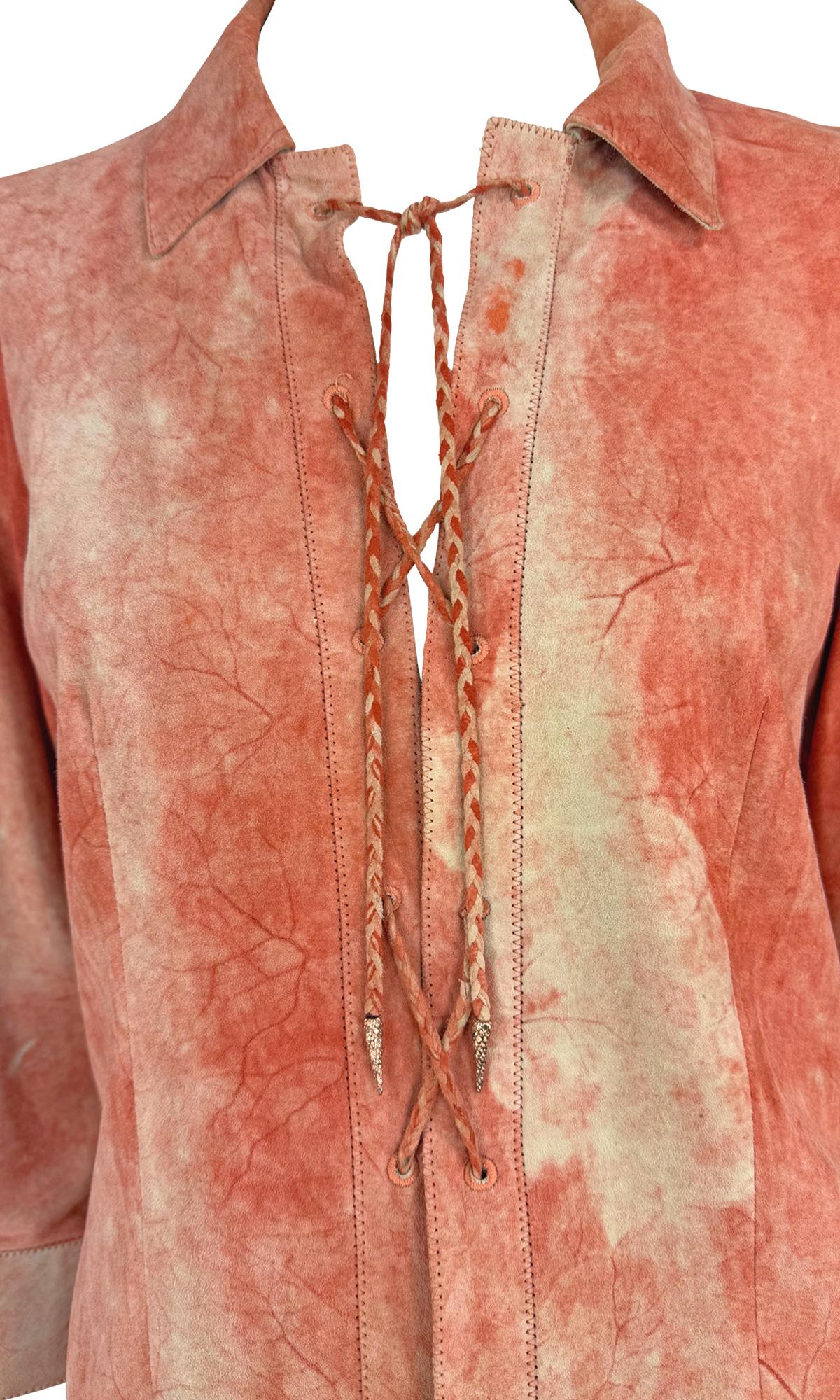 Early 2000s Roberto Cavalli Orange Dyed Suede Lace - Up Plunging Shirt - RealList