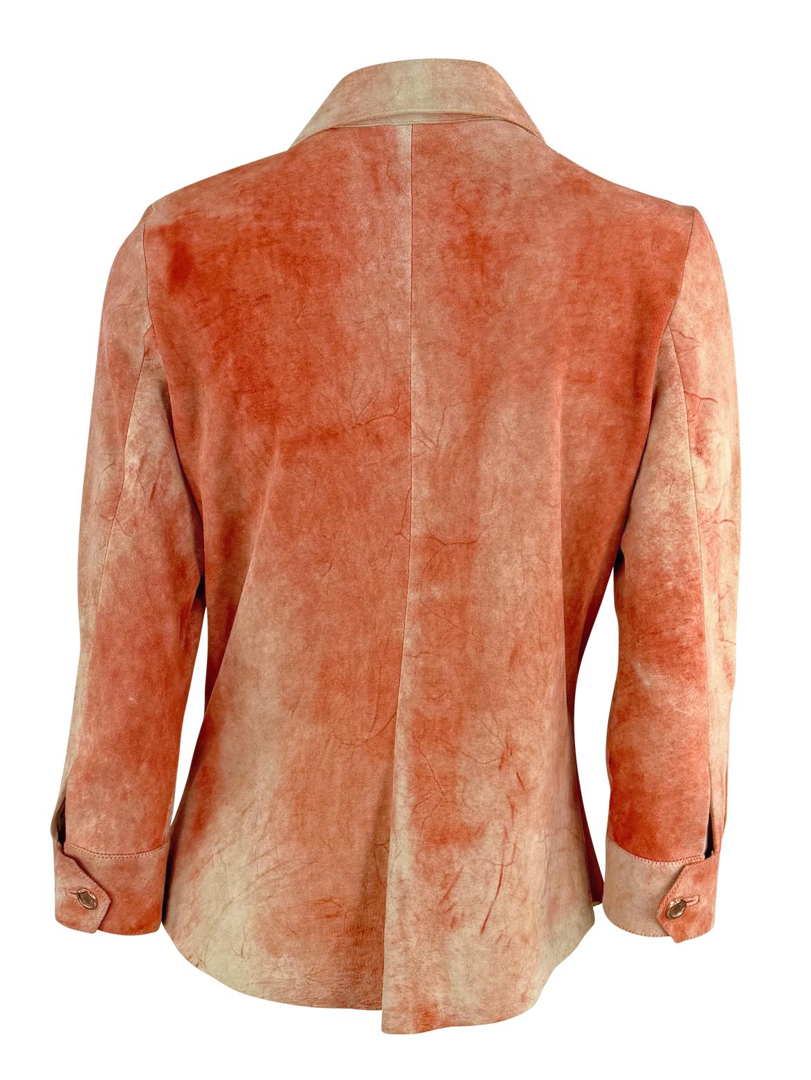 Early 2000s Roberto Cavalli Orange Dyed Suede Lace - Up Plunging Shirt - RealList