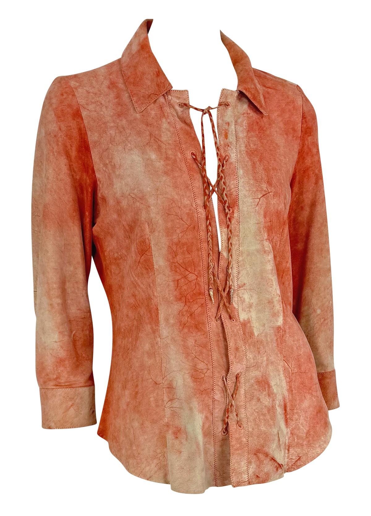 Early 2000s Roberto Cavalli Orange Dyed Suede Lace - Up Plunging Shirt - RealList