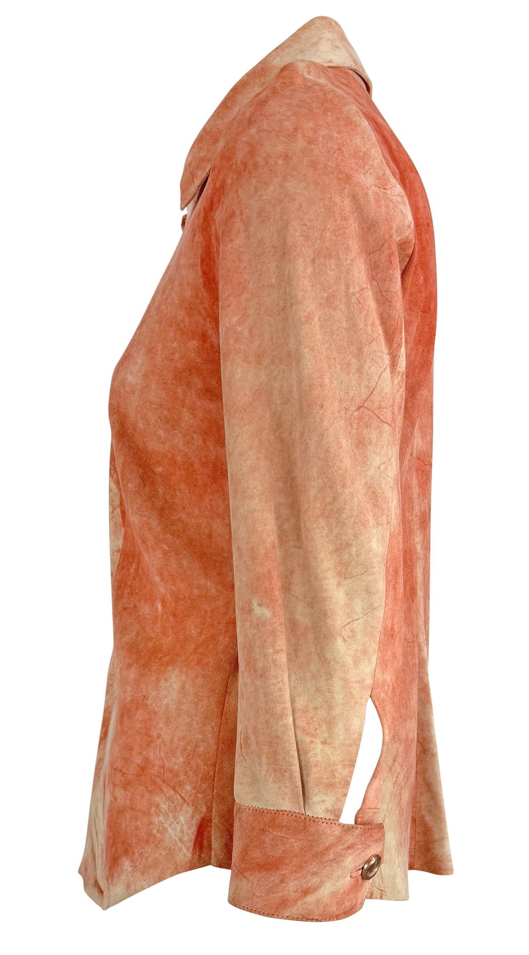 Early 2000s Roberto Cavalli Orange Dyed Suede Lace - Up Plunging Shirt - RealList