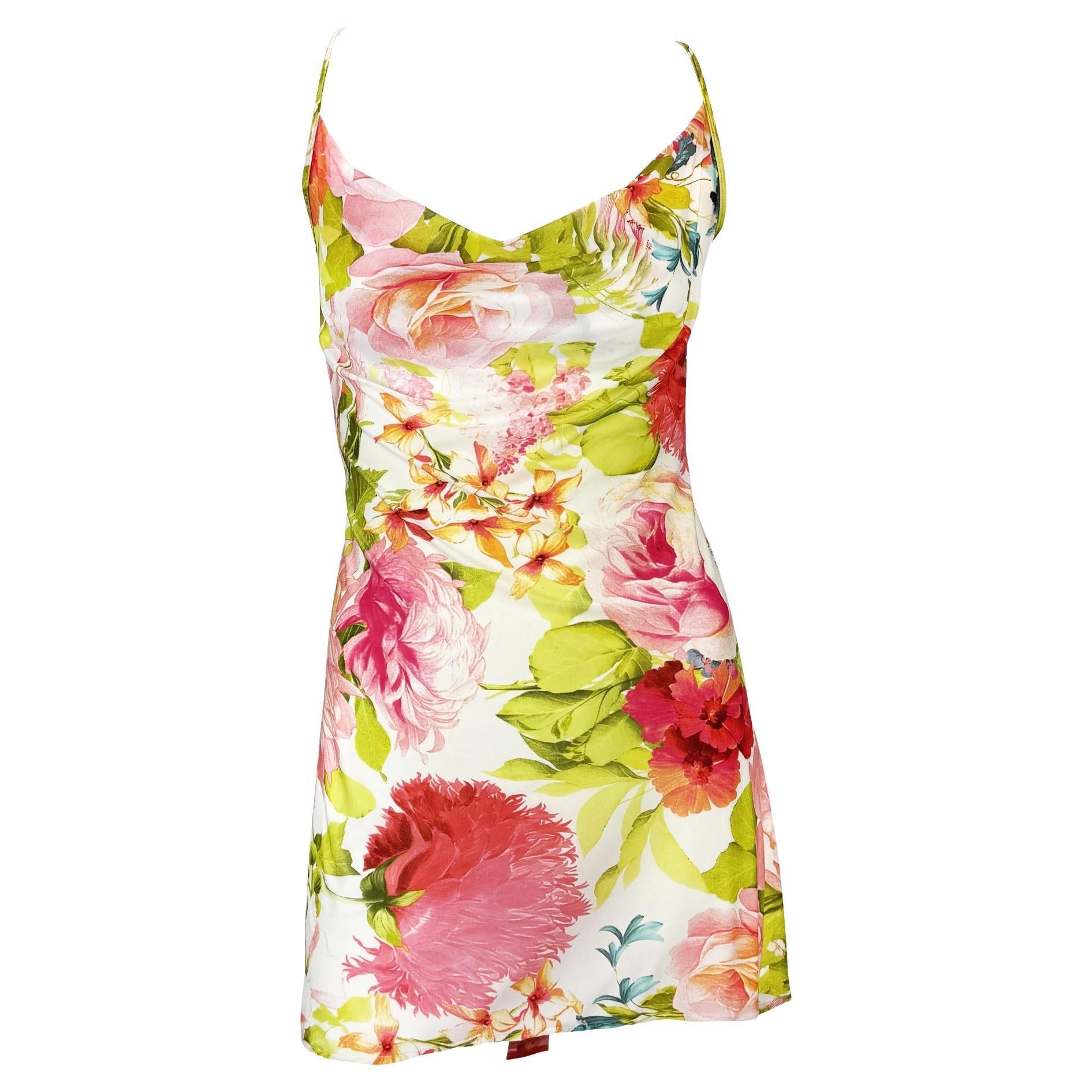 Early 2000s Roberto Cavalli Pink Floral Slip Mini Dress - RealList