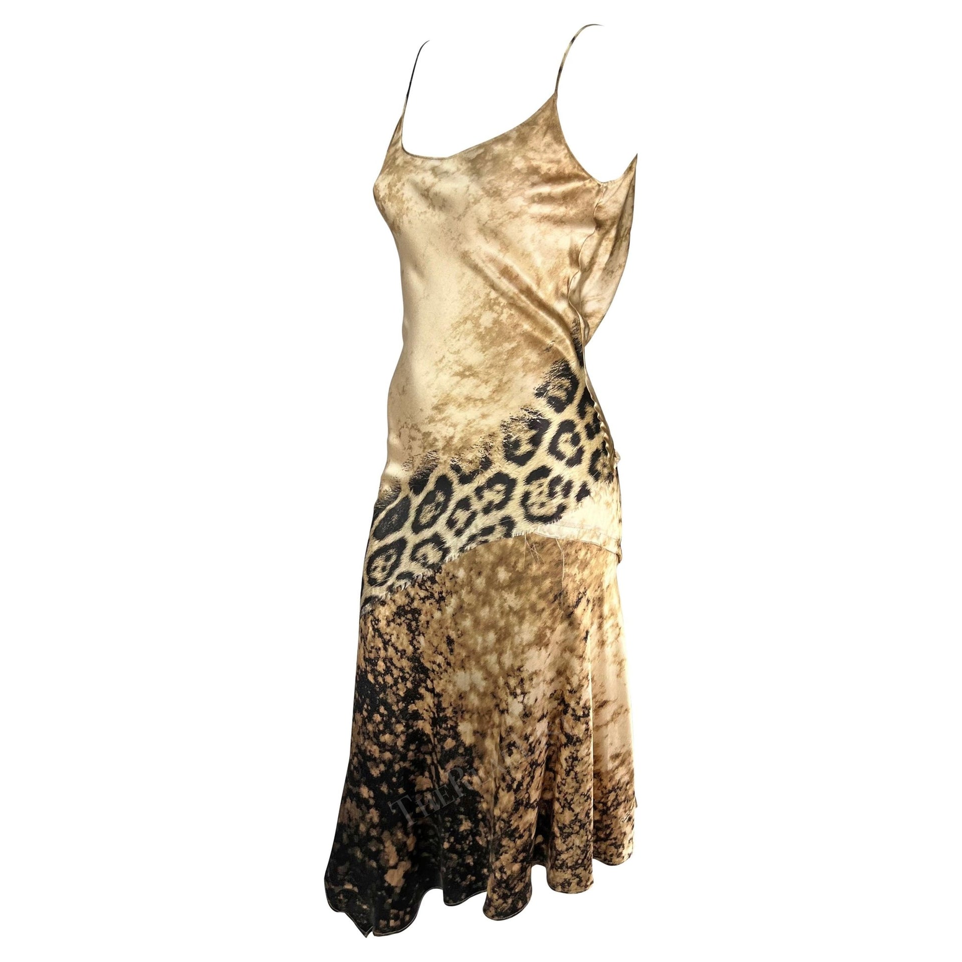 Early 2000s Roberto Cavalli Tan Cheetah Print Silk Slip Midi Dress - RealList