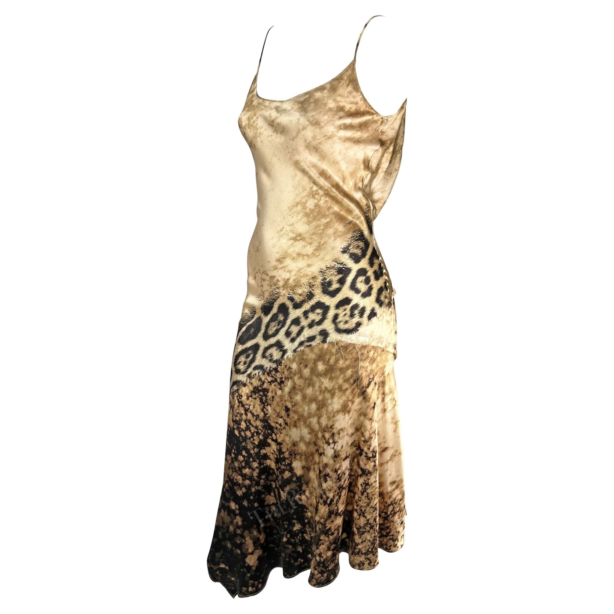 Early 2000s Roberto Cavalli Tan Cheetah Print Silk Slip Midi Dress - RealList