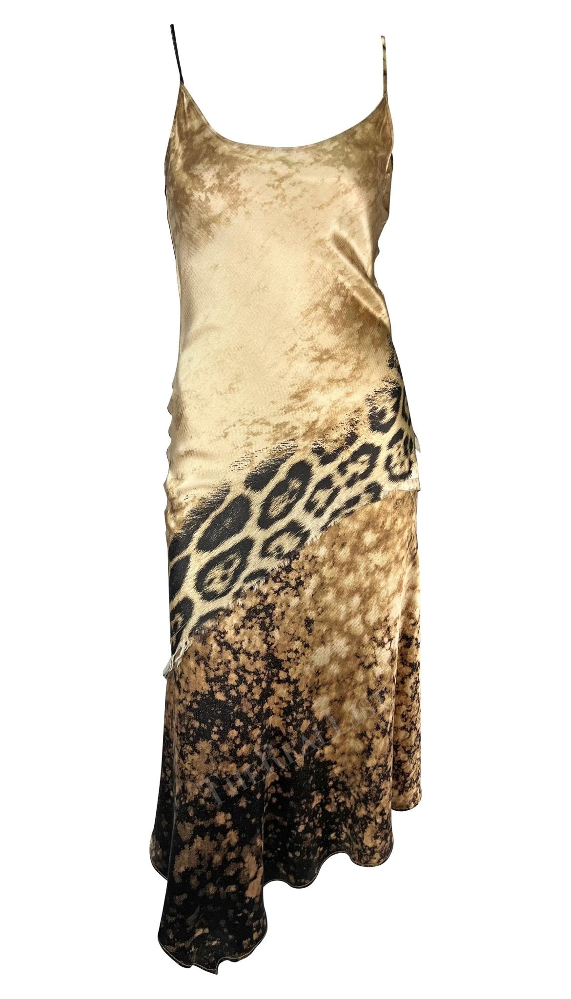 Early 2000s Roberto Cavalli Tan Cheetah Print Silk Slip Midi Dress - RealList