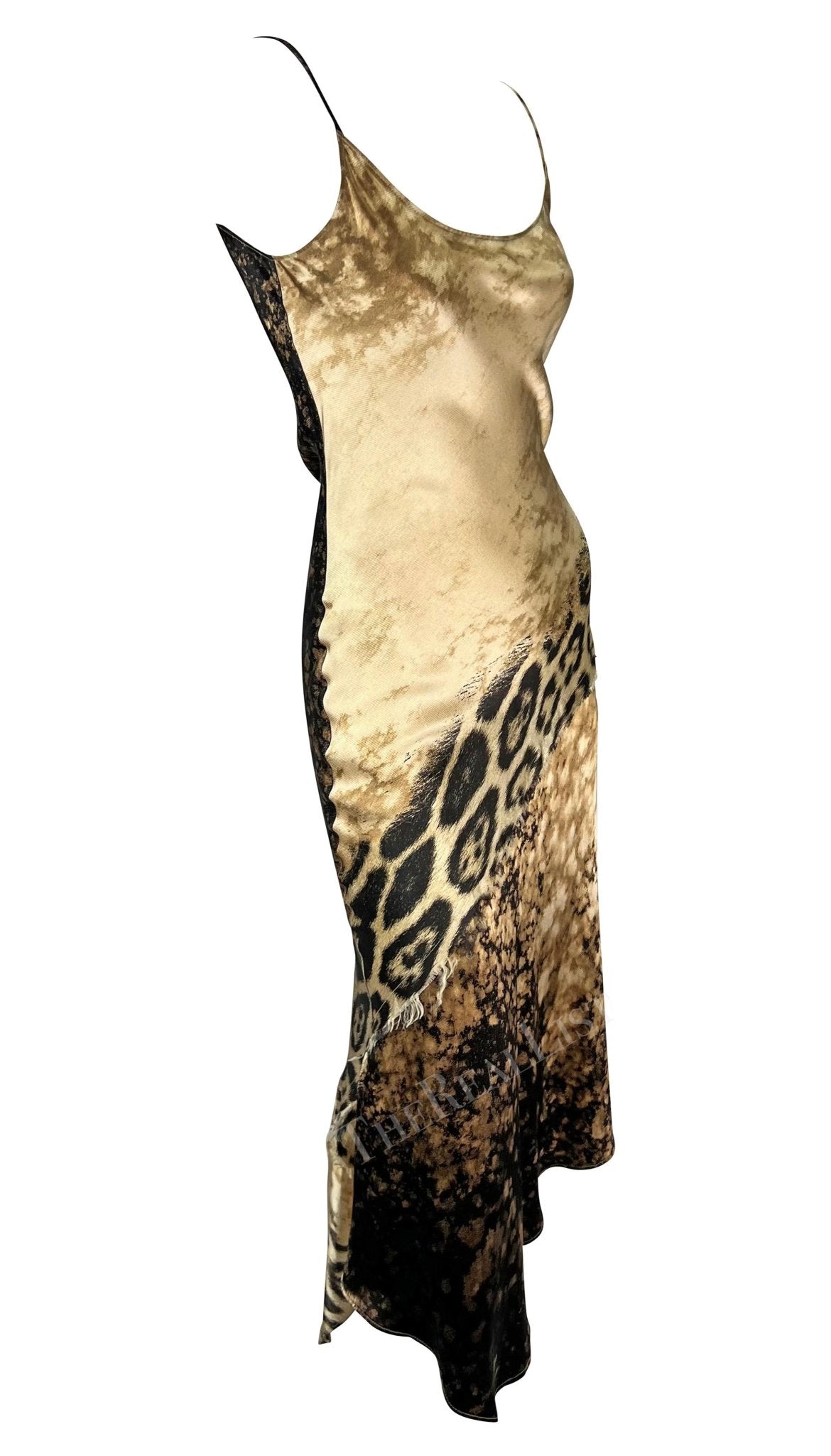 Early 2000s Roberto Cavalli Tan Cheetah Print Silk Slip Midi Dress - RealList
