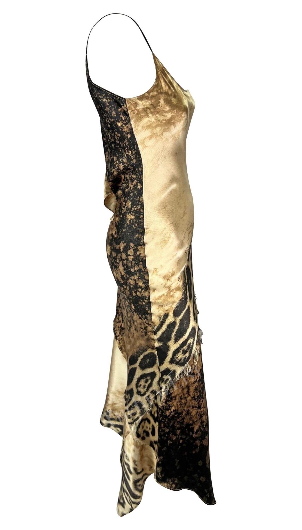 Early 2000s Roberto Cavalli Tan Cheetah Print Silk Slip Midi Dress - RealList