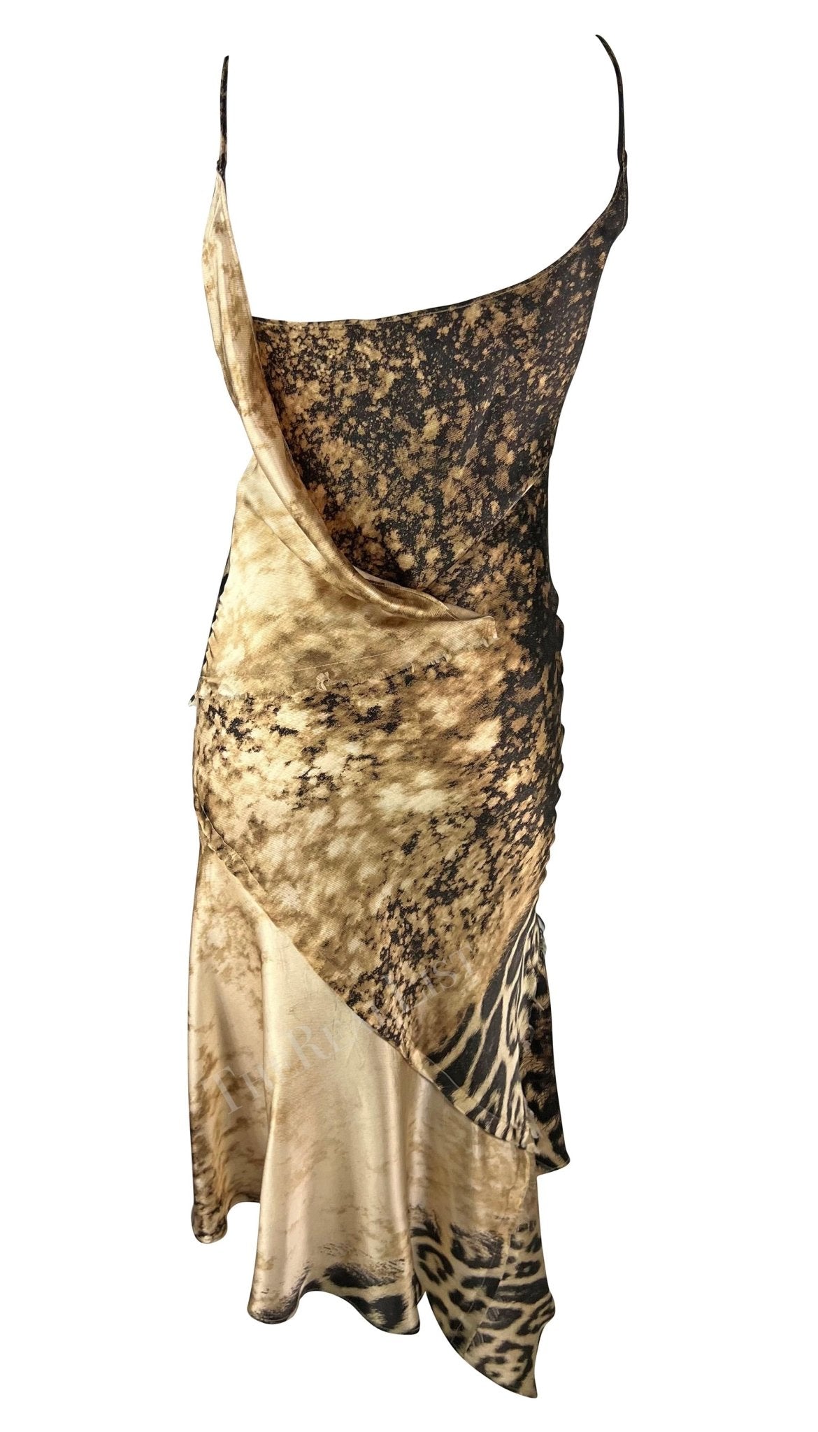 Early 2000s Roberto Cavalli Tan Cheetah Print Silk Slip Midi Dress - RealList