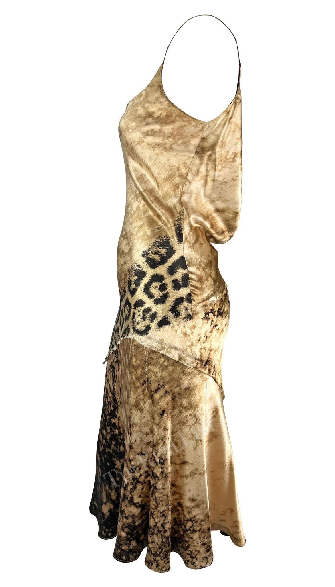 Early 2000s Roberto Cavalli Tan Cheetah Print Silk Slip Midi Dress - RealList
