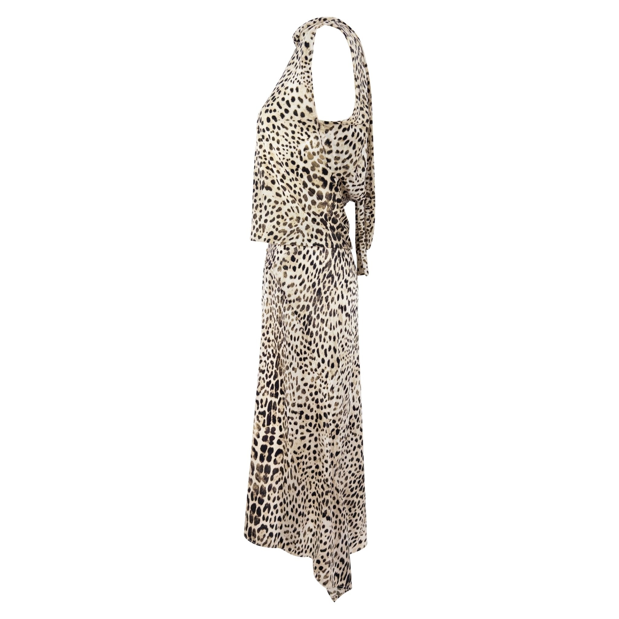 Early 2000s Roberto Cavalli White Leopard Print Satin Bodycon Skirt Top Set - RealList