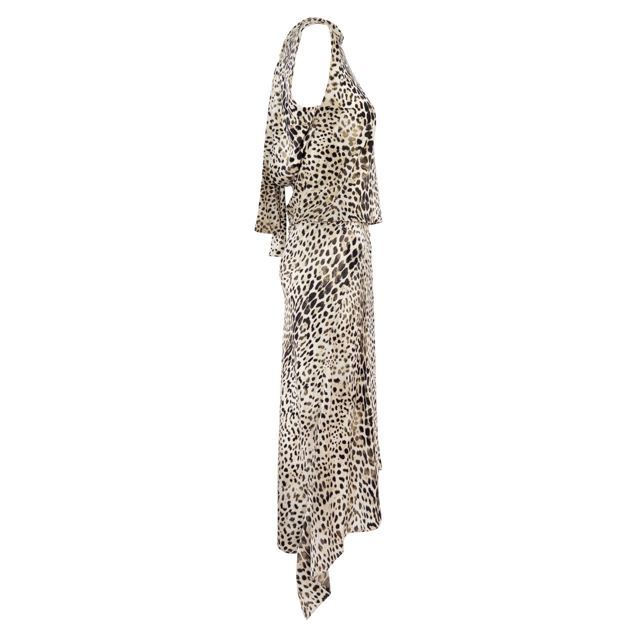 Early 2000s Roberto Cavalli White Leopard Print Satin Bodycon Skirt Top Set - RealList