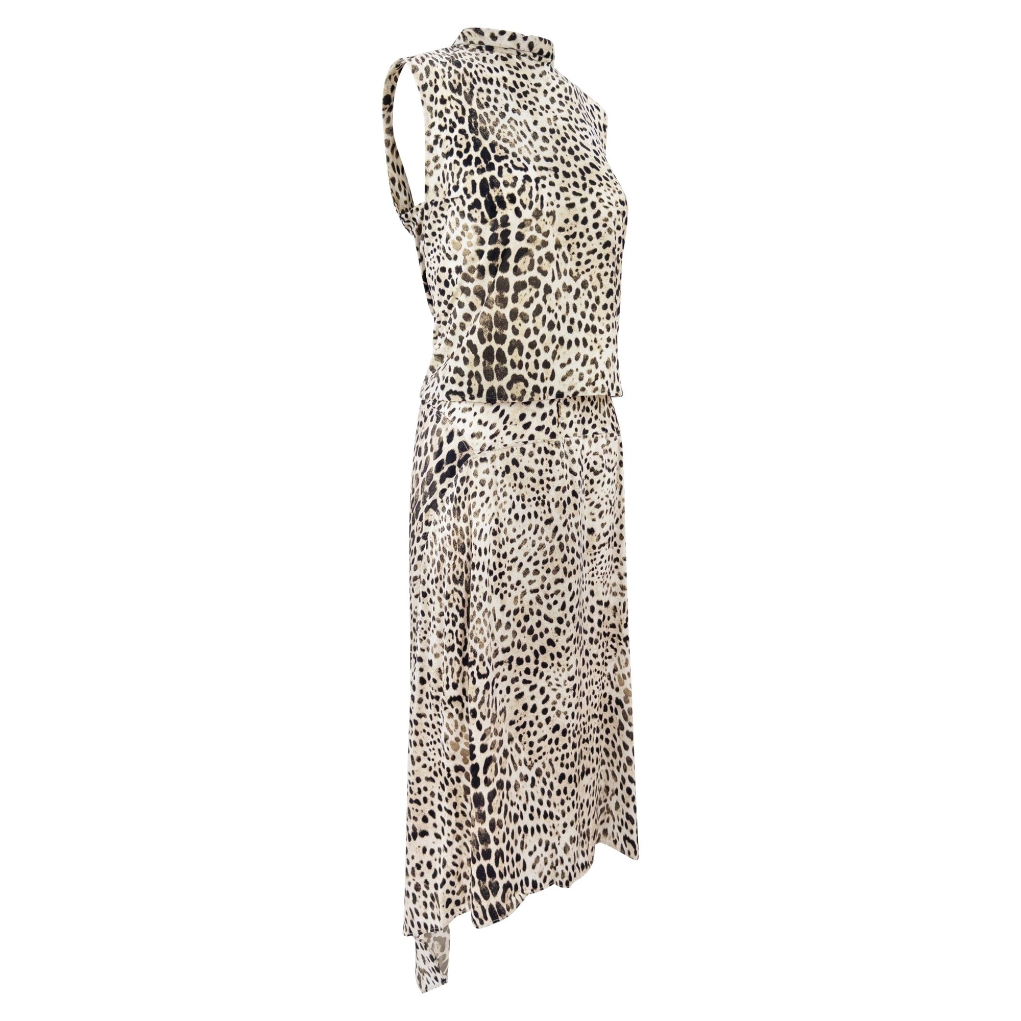 Early 2000s Roberto Cavalli White Leopard Print Satin Bodycon Skirt Top Set - RealList