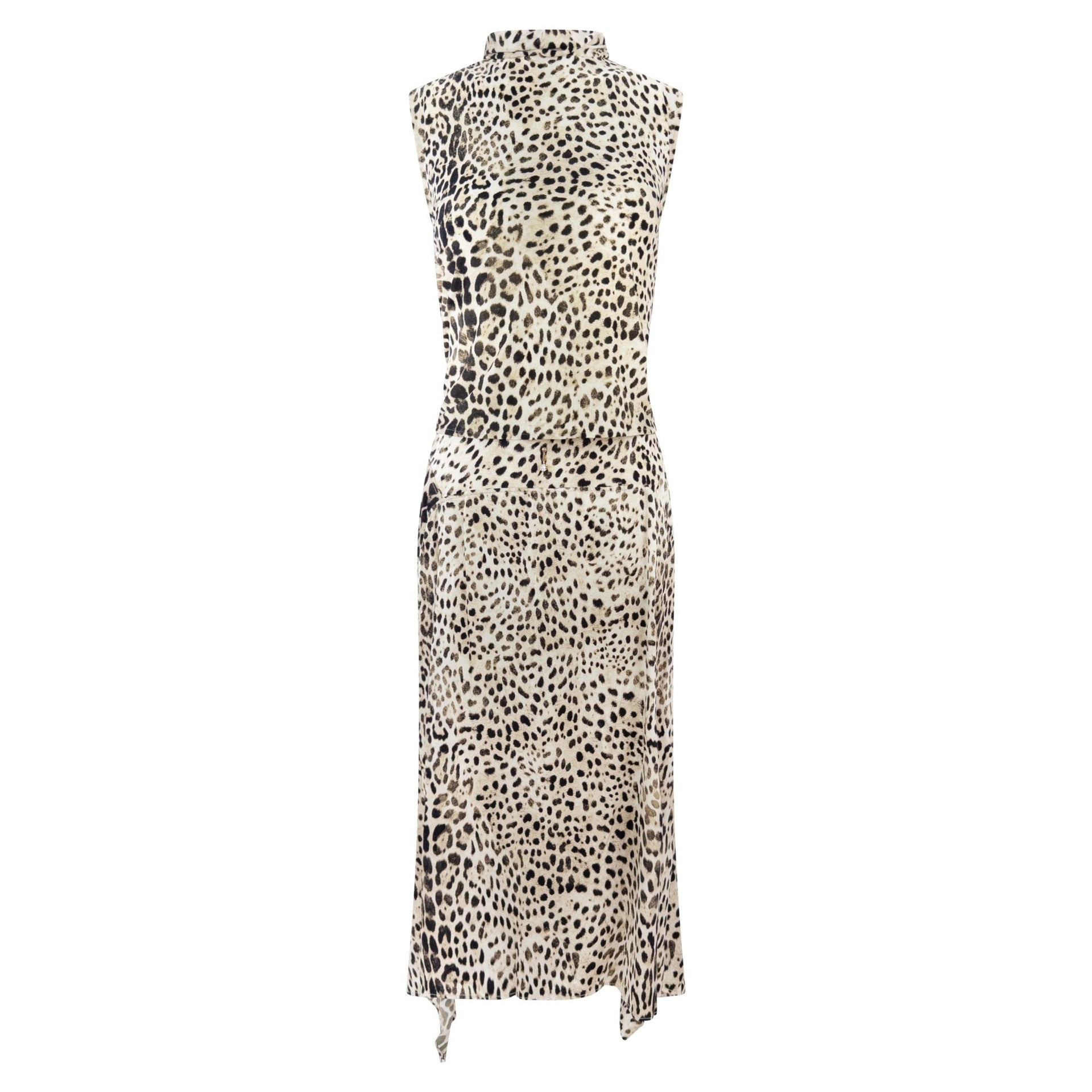 Early 2000s Roberto Cavalli White Leopard Print Satin Bodycon Skirt Top Set - RealList
