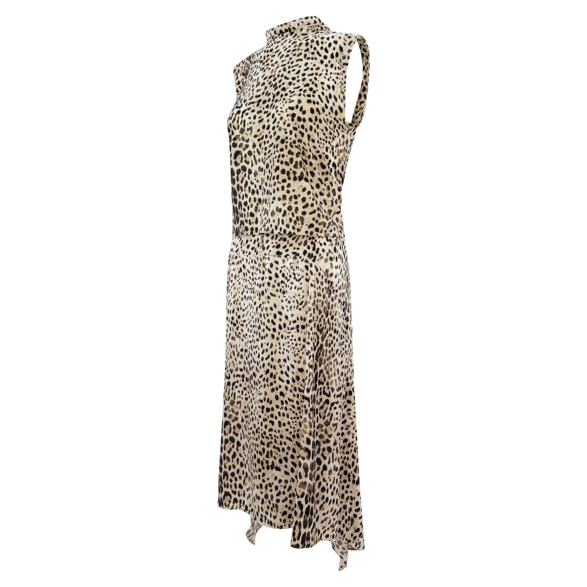 Early 2000s Roberto Cavalli White Leopard Print Satin Bodycon Skirt Top Set - RealList