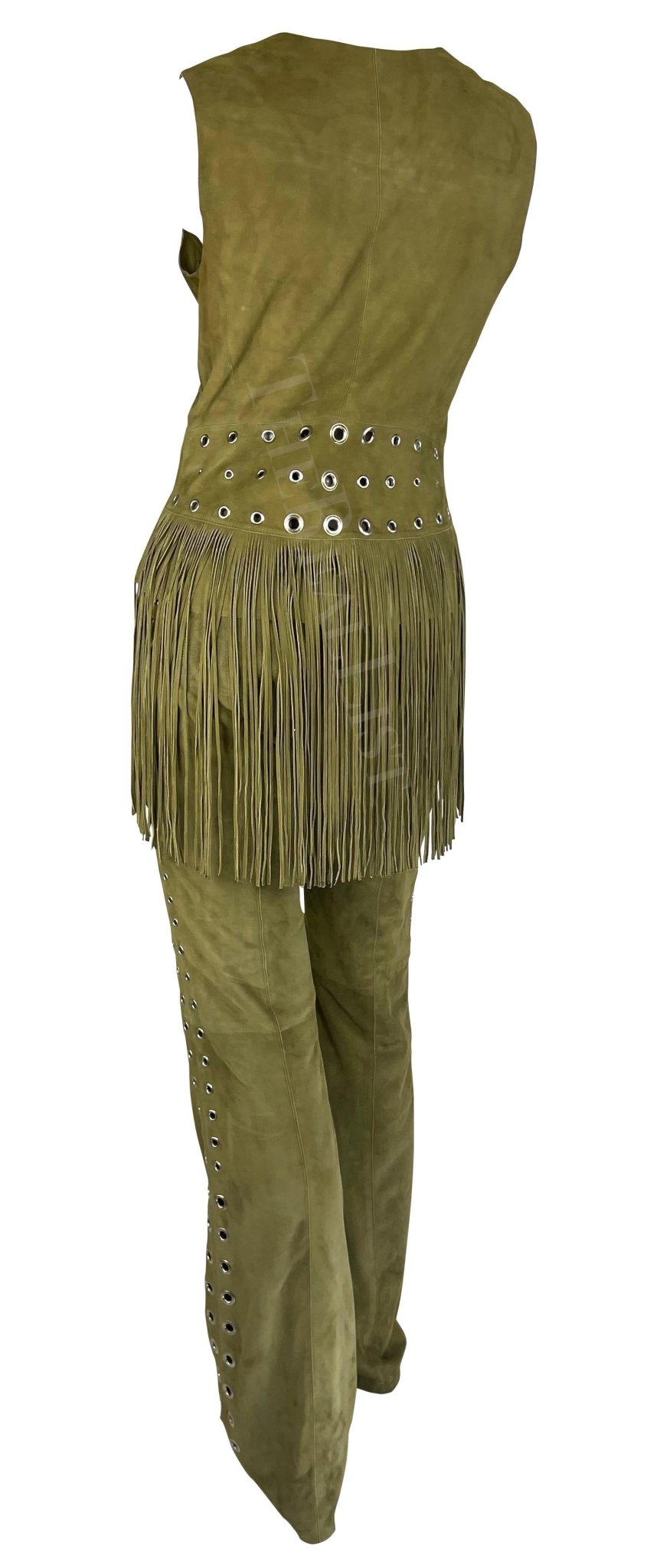 Early 2000s Thierry Mugler Mossy Green Suede Fringe Eyelet Pant Vest Set - RealList