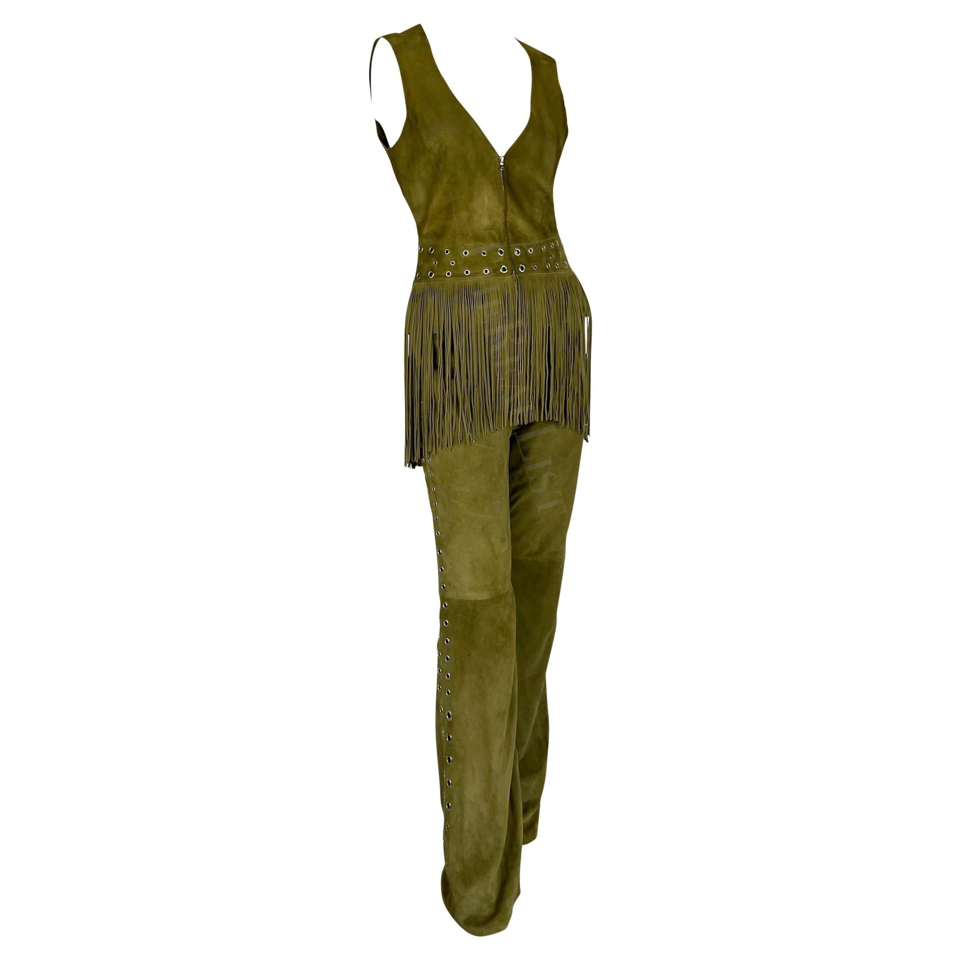 Early 2000s Thierry Mugler Mossy Green Suede Fringe Eyelet Pant Vest Set - RealList