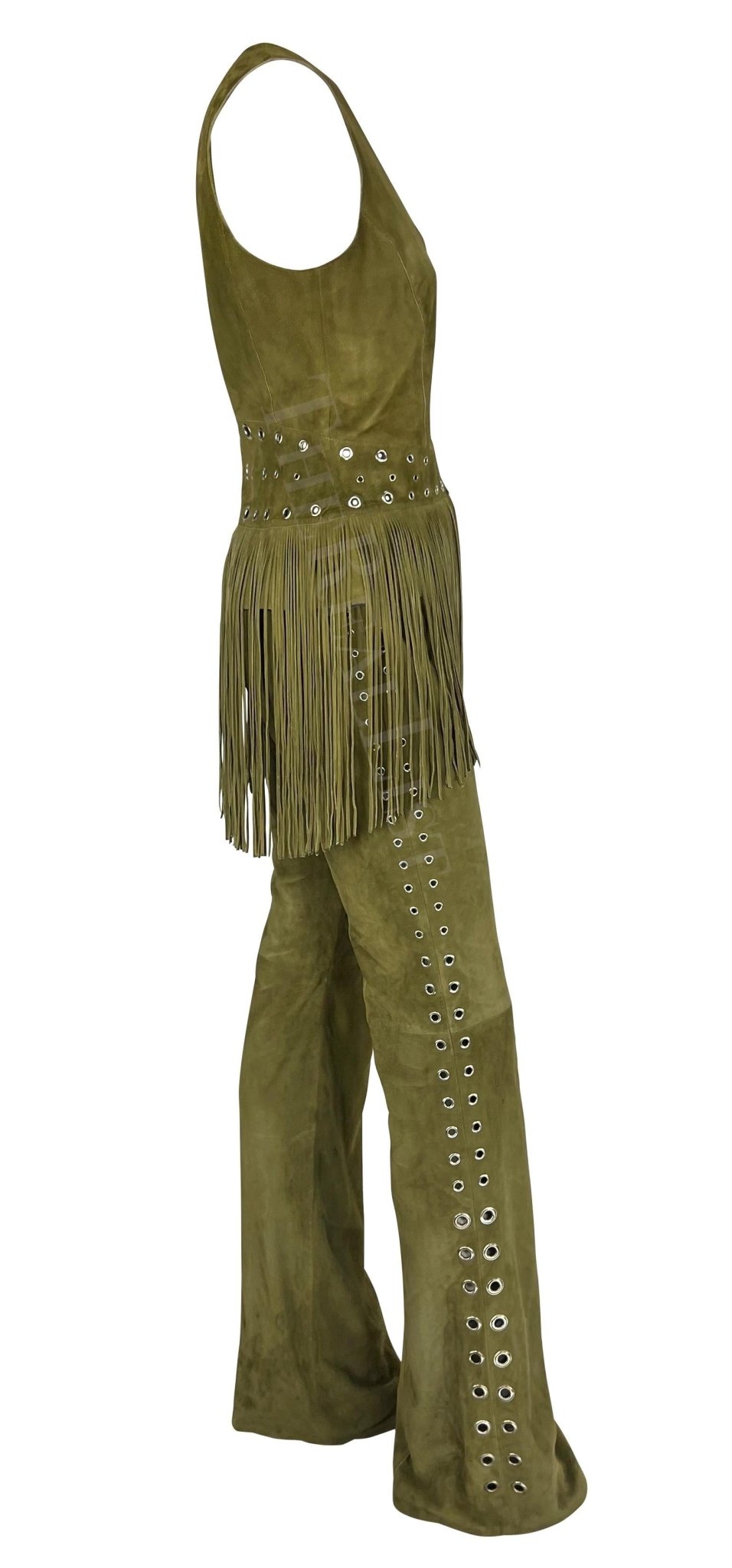 Early 2000s Thierry Mugler Mossy Green Suede Fringe Eyelet Pant Vest Set - RealList