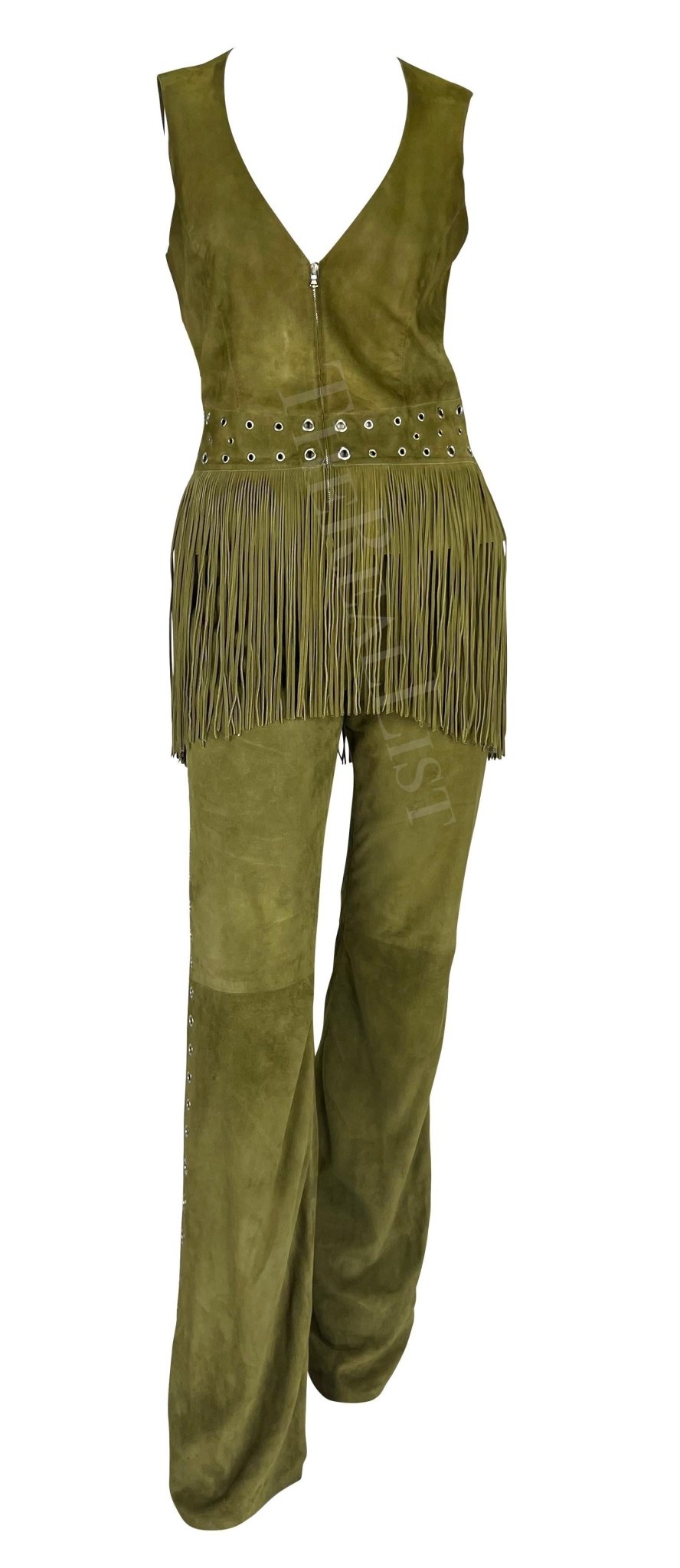 Early 2000s Thierry Mugler Mossy Green Suede Fringe Eyelet Pant Vest Set - RealList