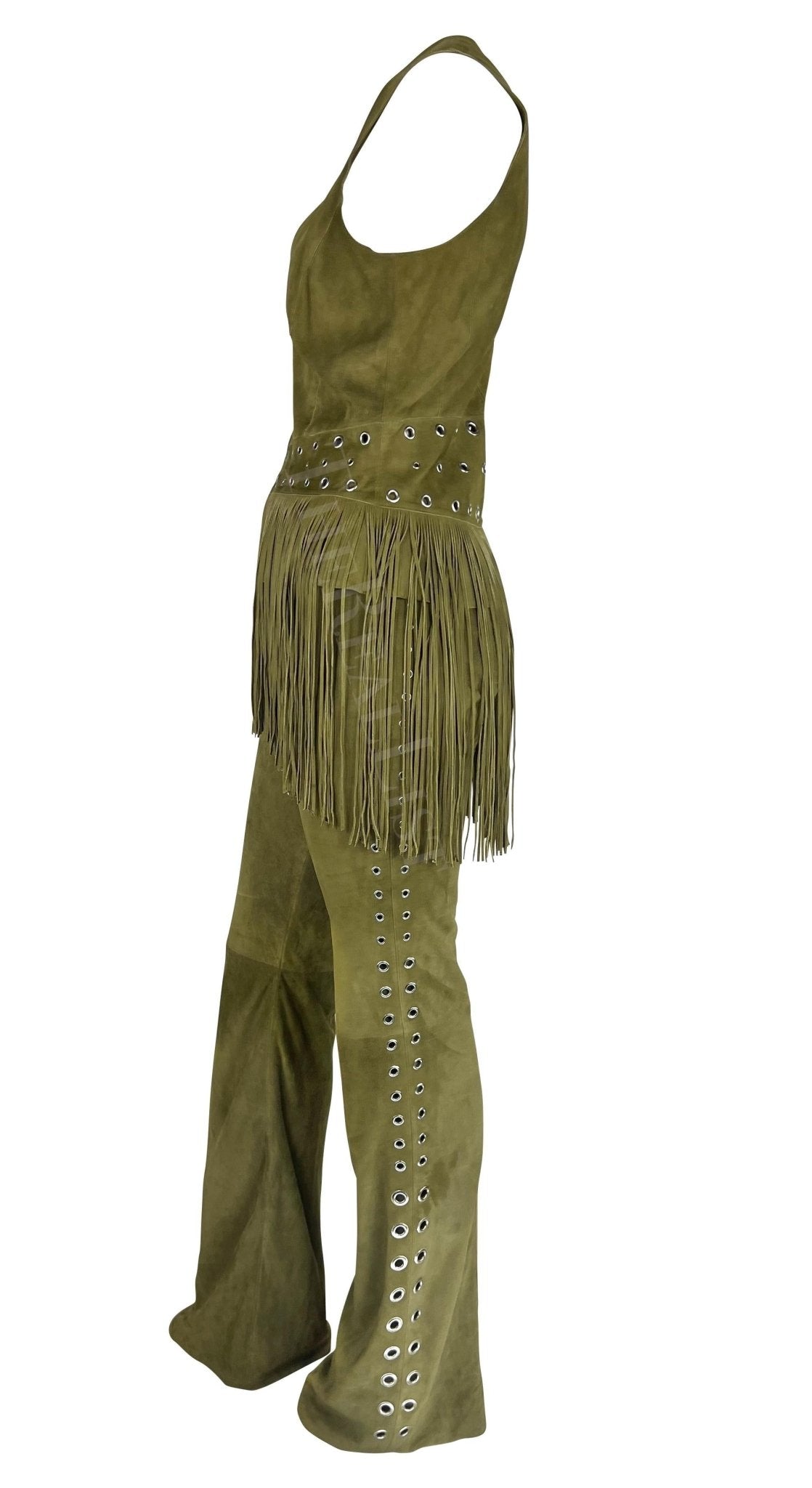 Early 2000s Thierry Mugler Mossy Green Suede Fringe Eyelet Pant Vest Set - RealList