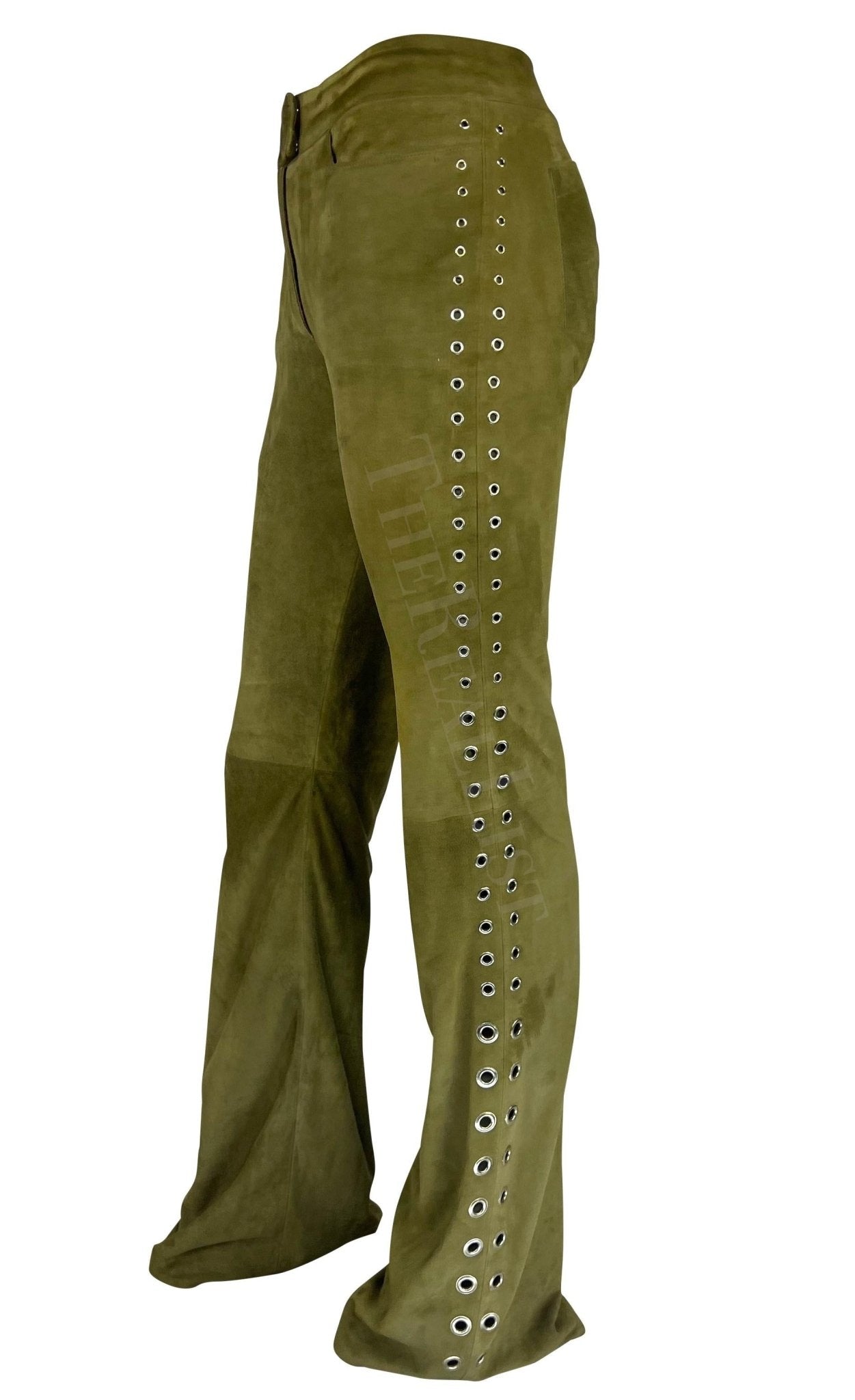 Early 2000s Thierry Mugler Mossy Green Suede Fringe Eyelet Pant Vest Set - RealList