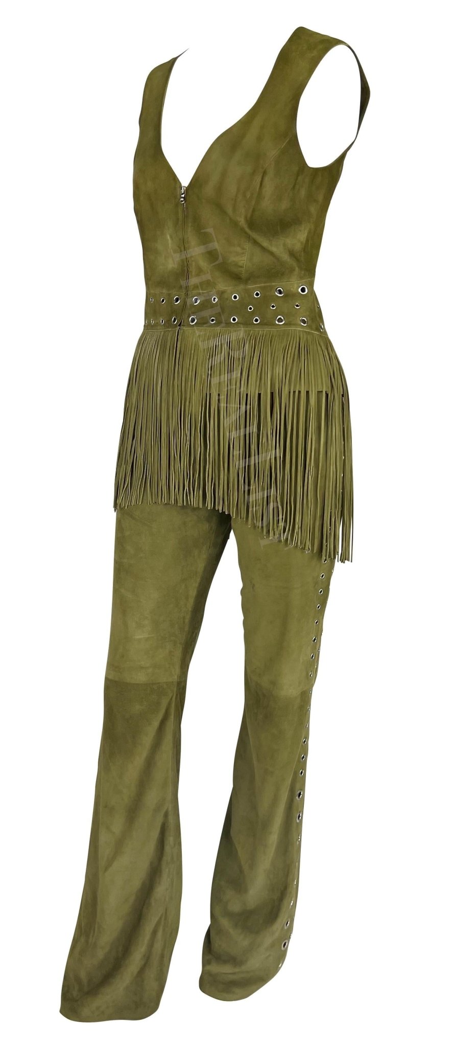 Early 2000s Thierry Mugler Mossy Green Suede Fringe Eyelet Pant Vest Set - RealList