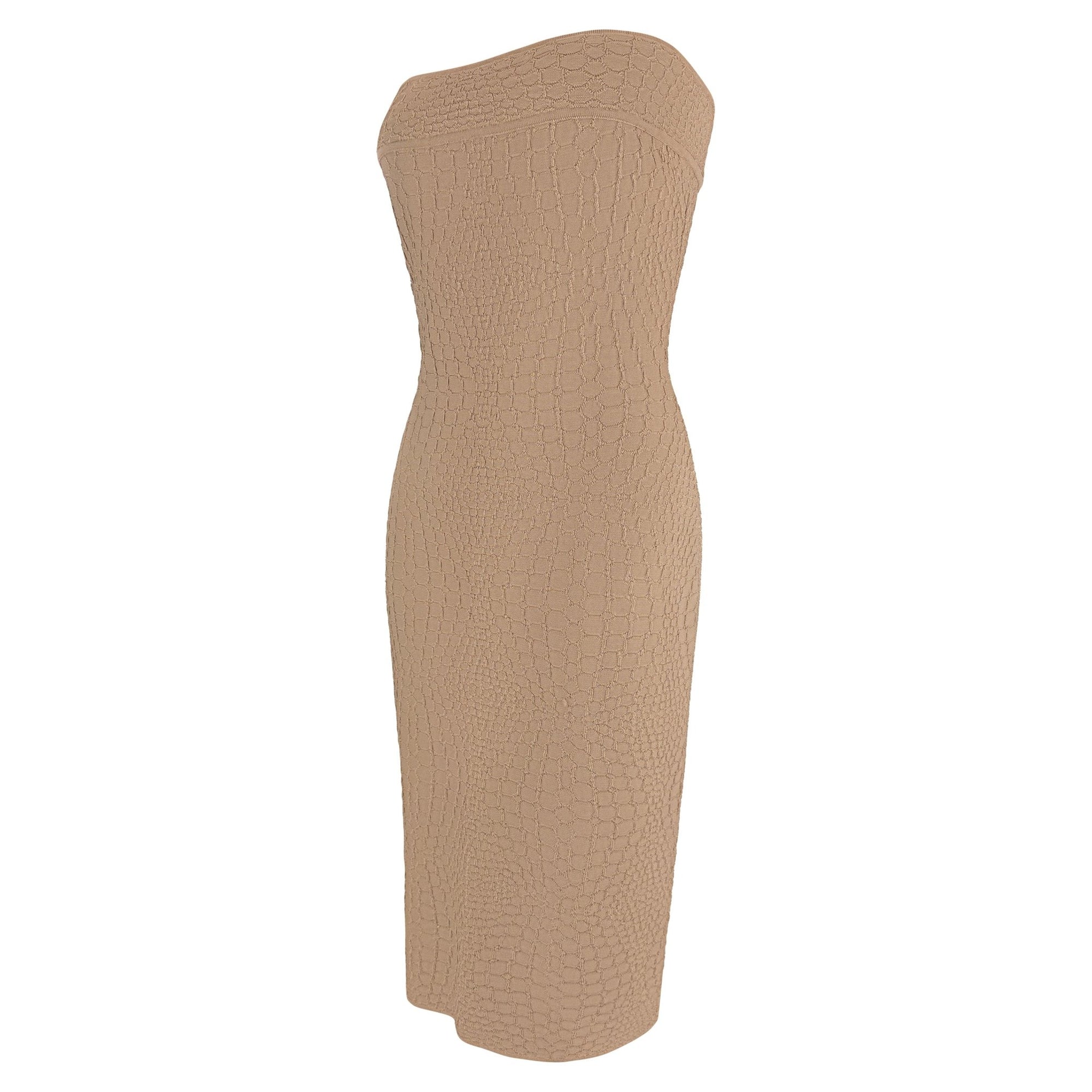 Early 2000s Thierry Mugler Tan Stretch Knit Snakeskin Textured Tube Dress - RealList
