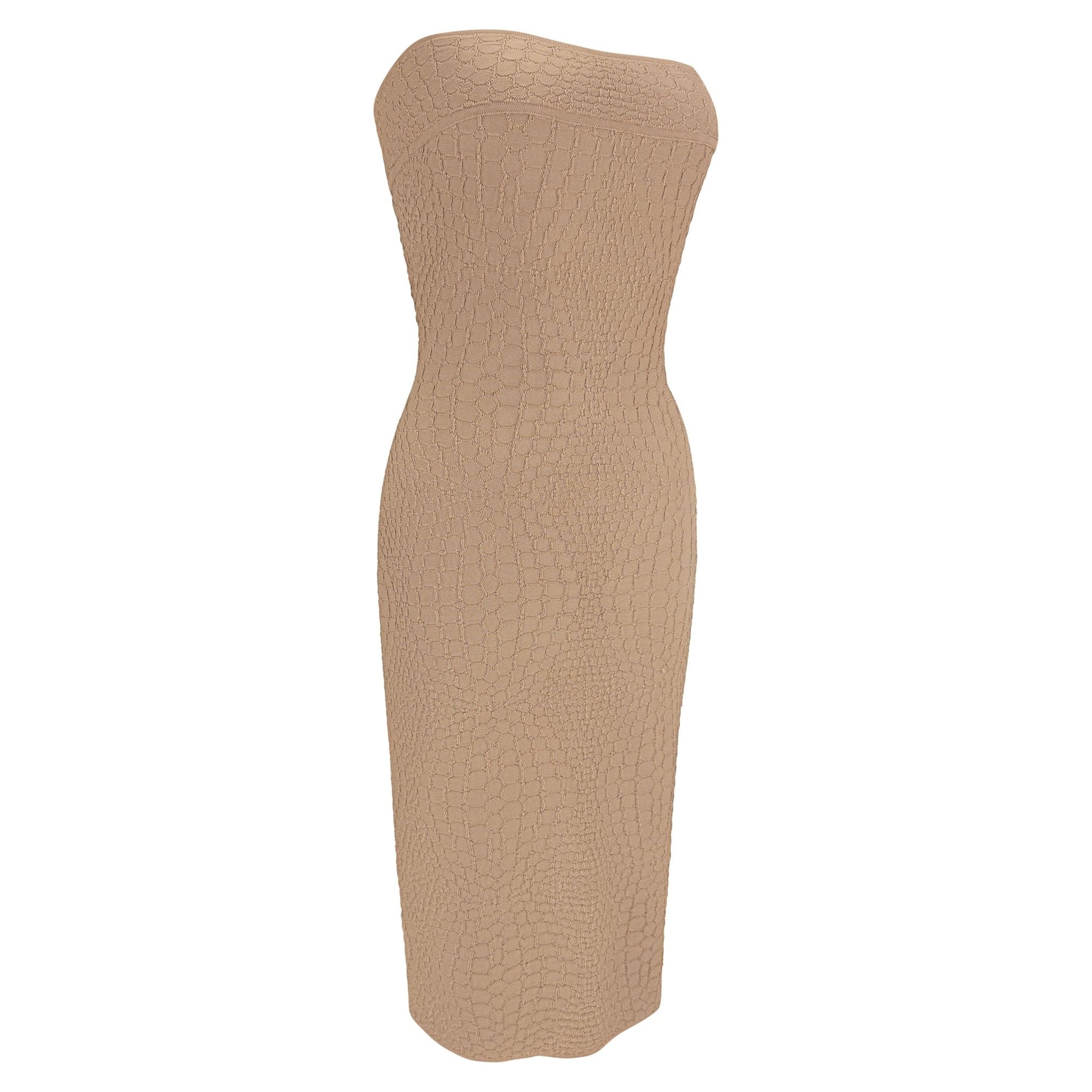Early 2000s Thierry Mugler Tan Stretch Knit Snakeskin Textured Tube Dress - RealList