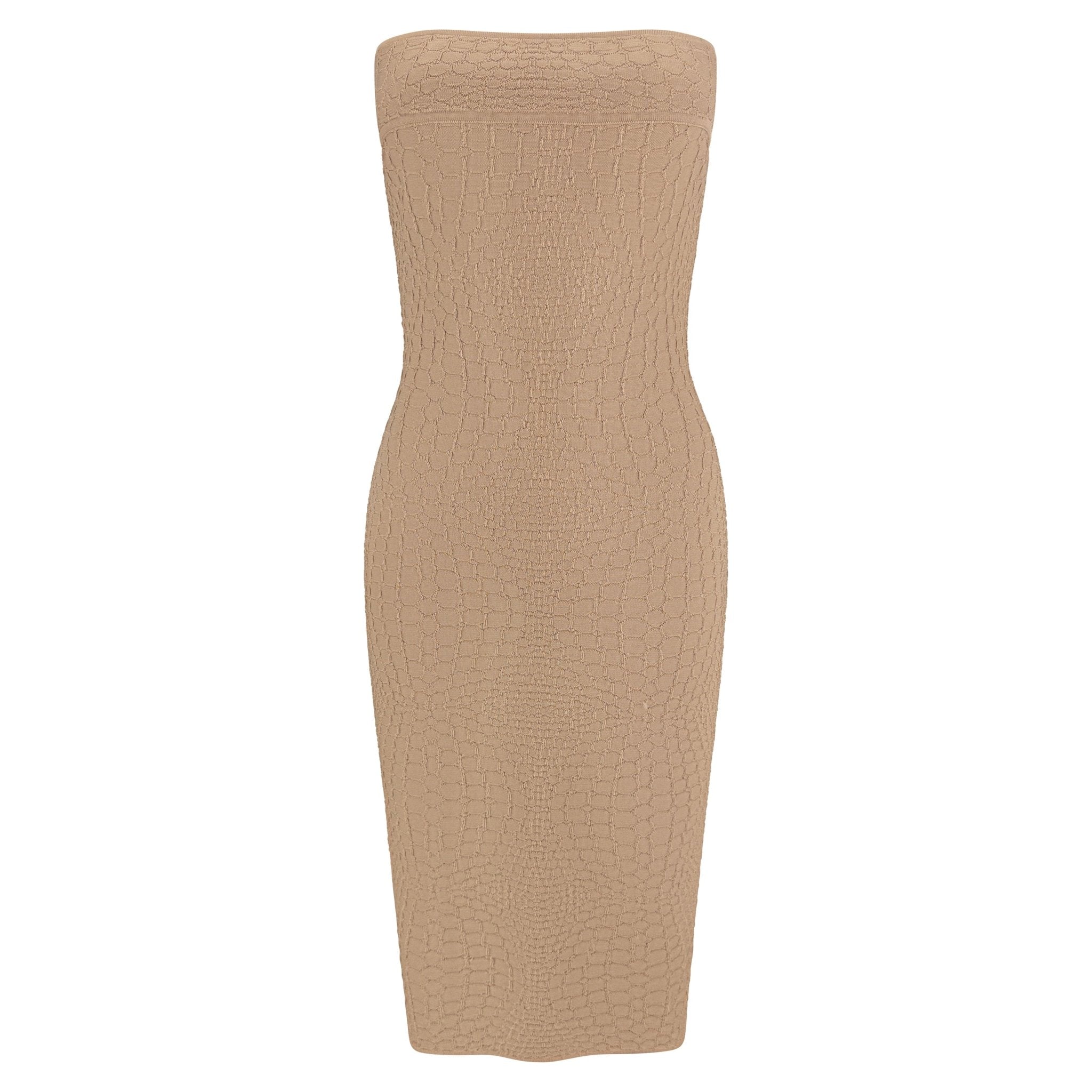 Early 2000s Thierry Mugler Tan Stretch Knit Snakeskin Textured Tube Dress - RealList