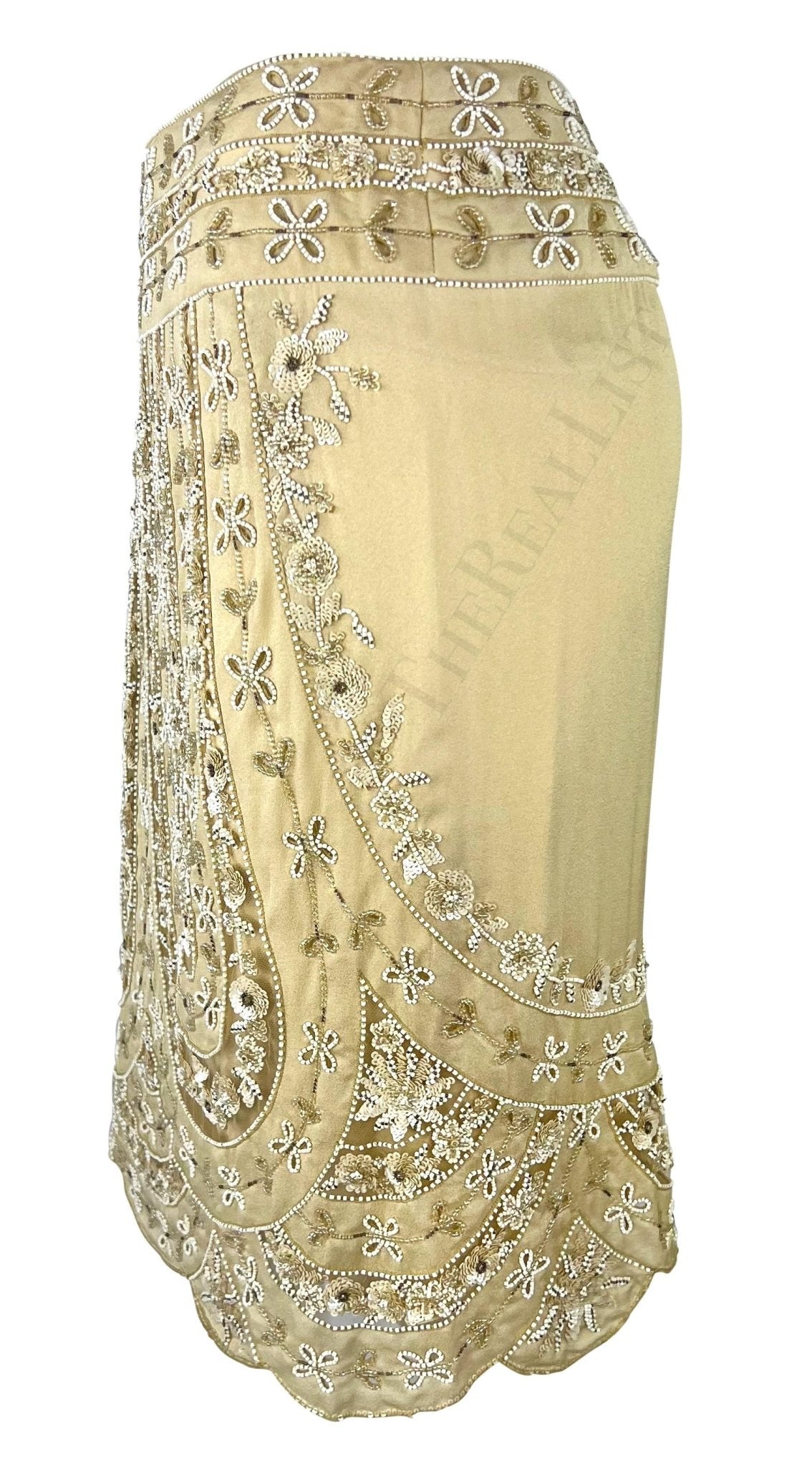 Early 2000s Valentino Garavani Tan Sheer Panel Floral Beaded Skirt - RealList