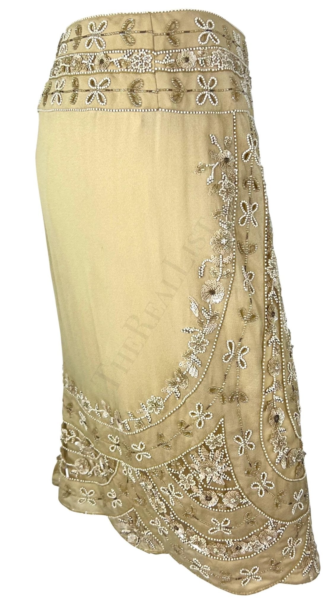 Early 2000s Valentino Garavani Tan Sheer Panel Floral Beaded Skirt - RealList