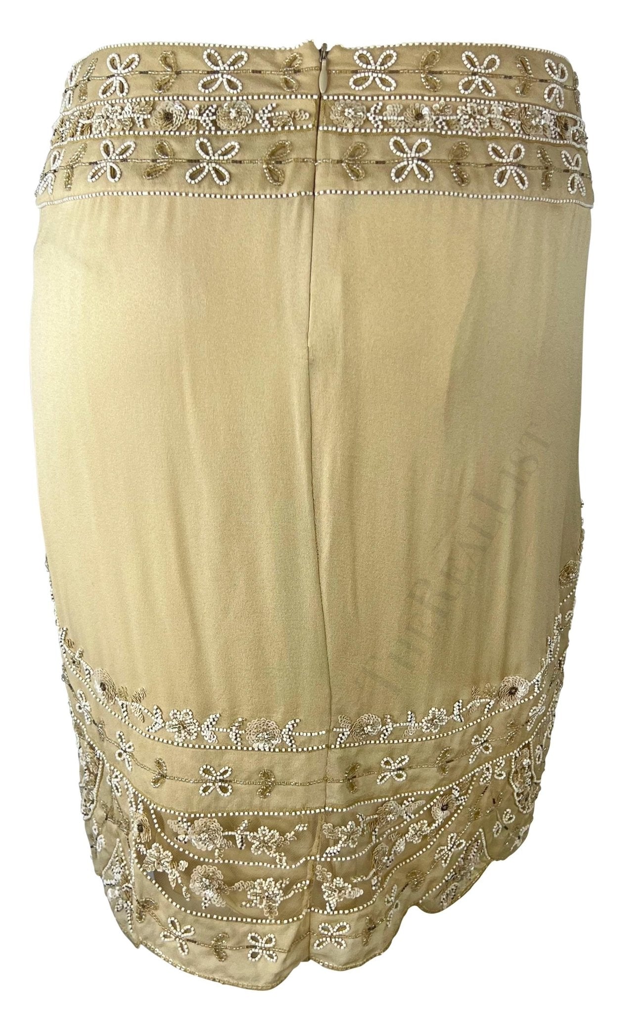Early 2000s Valentino Garavani Tan Sheer Panel Floral Beaded Skirt - RealList