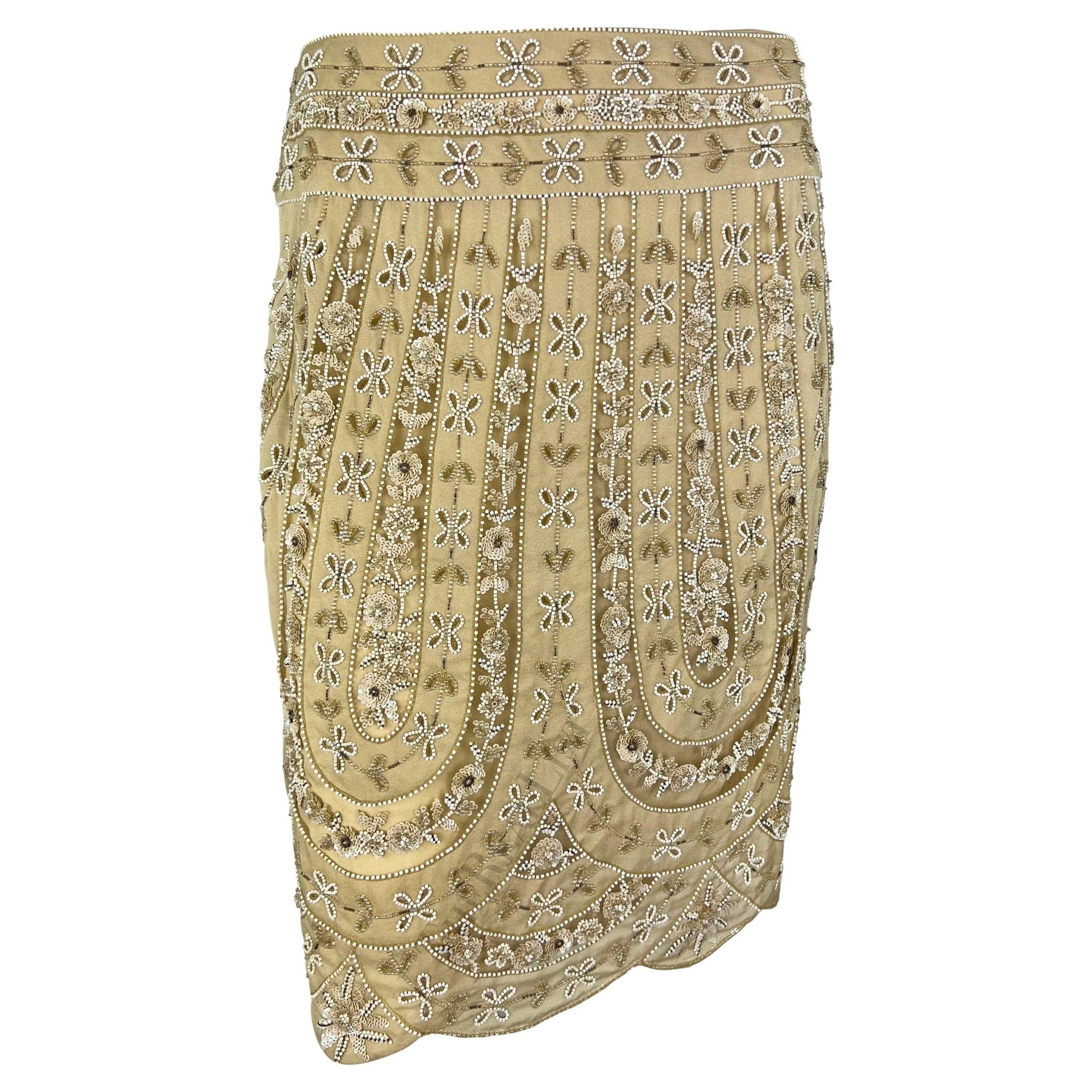 Early 2000s Valentino Garavani Tan Sheer Panel Floral Beaded Skirt - RealList