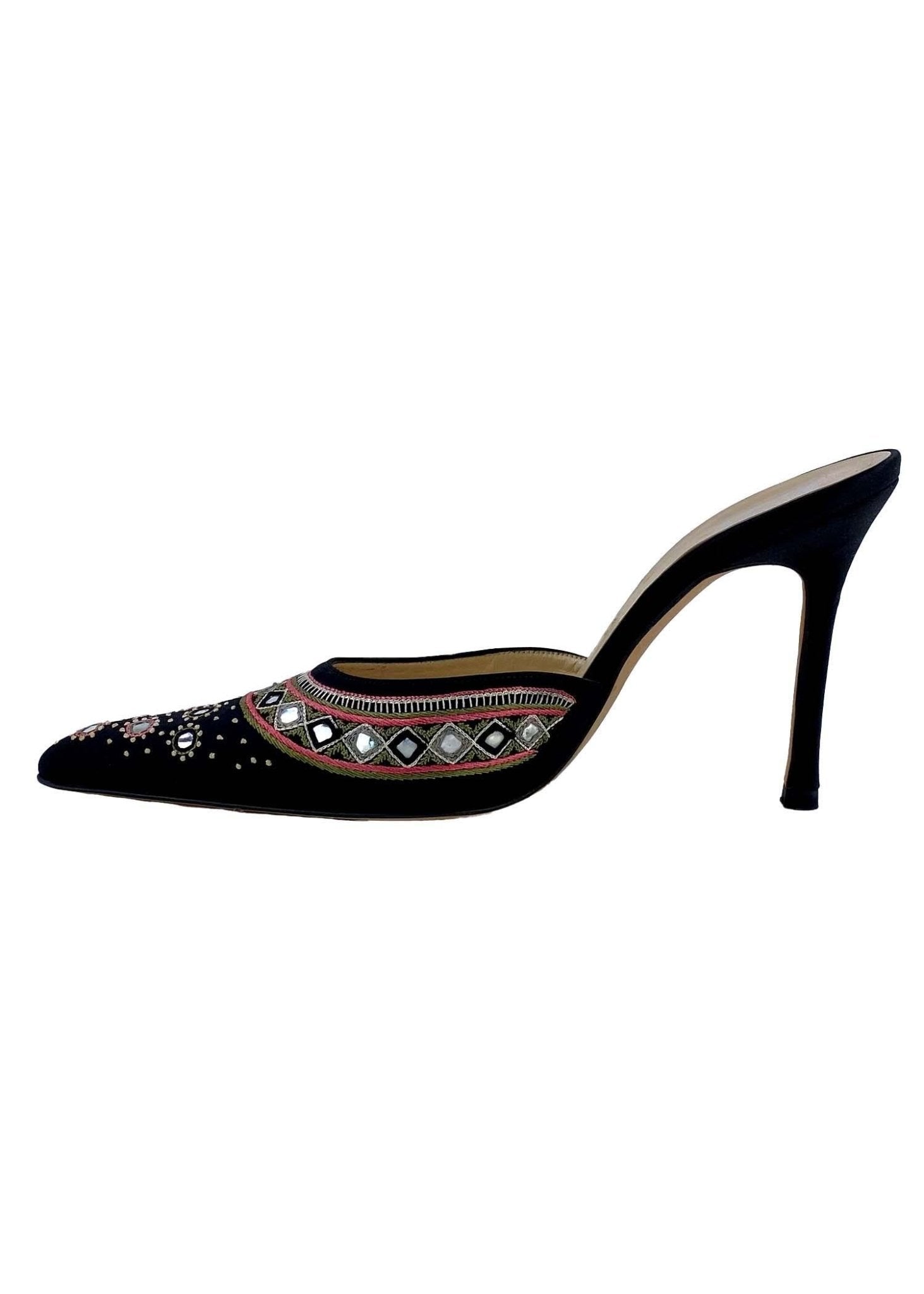 Early 2000s Versace by Donatella Mirror Embroidered Silk Satin Mule 4.5" Heels - RealList