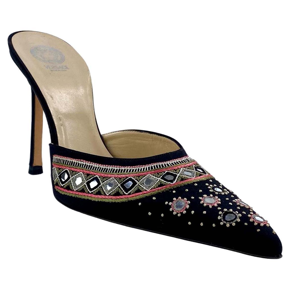 Early 2000s Versace by Donatella Mirror Embroidered Silk Satin Mule 4.5" Heels - RealList