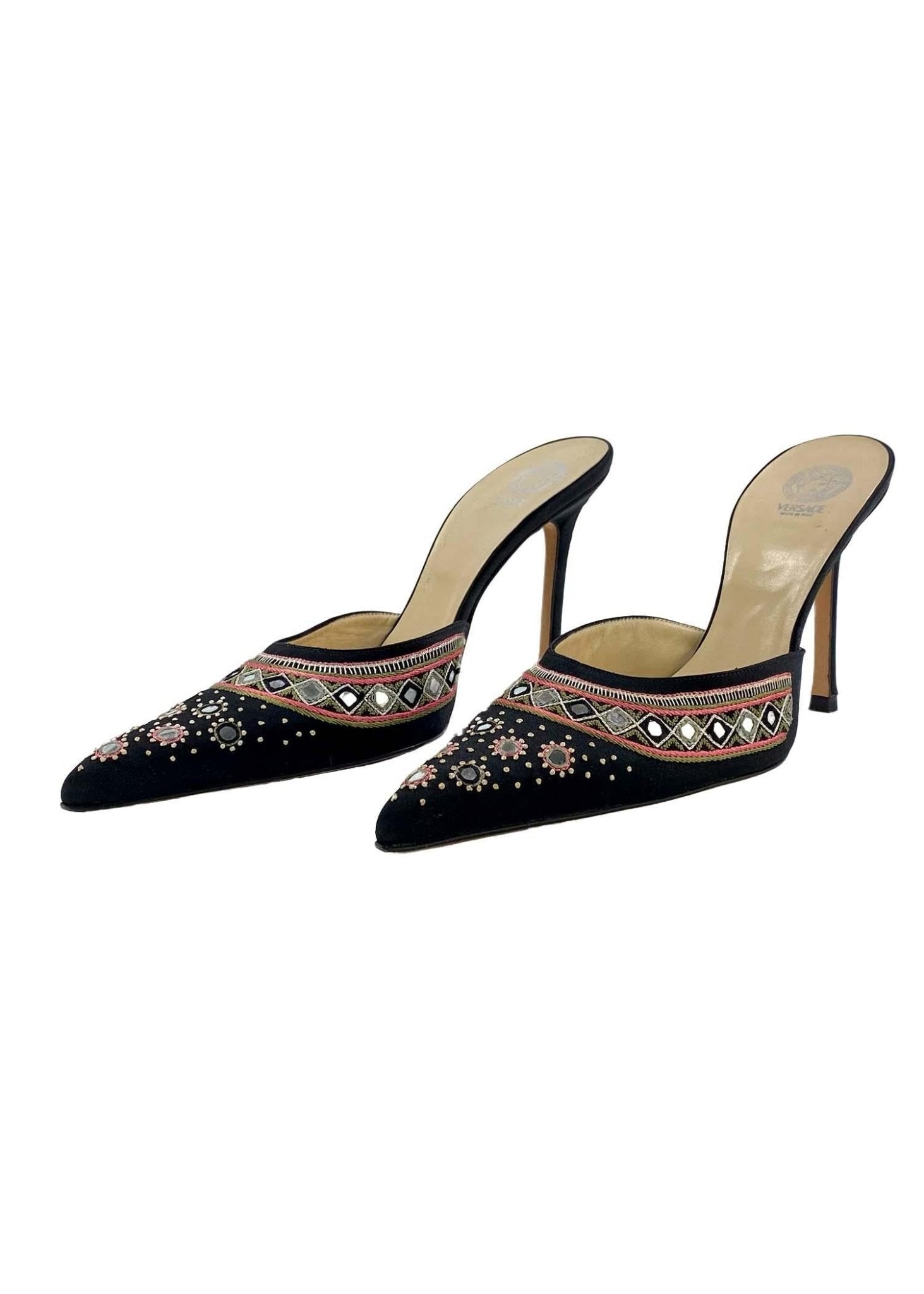 Early 2000s Versace by Donatella Mirror Embroidered Silk Satin Mule 4.5" Heels - RealList