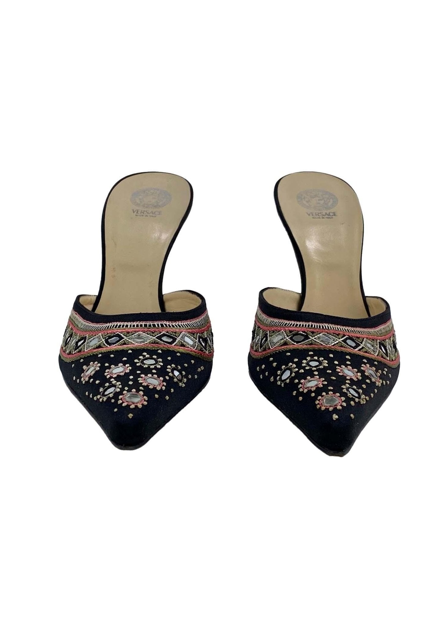 Early 2000s Versace by Donatella Mirror Embroidered Silk Satin Mule 4.5" Heels - RealList
