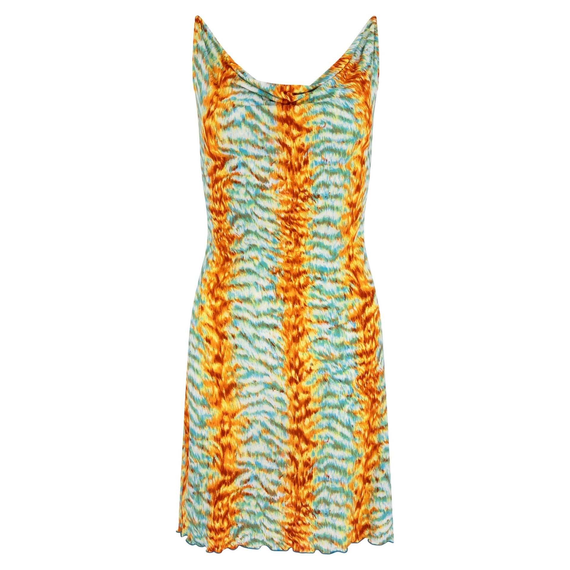Early 2000s Yigal Azrouël Blue Orange Abstract Print Backless Mini Dress - RealList