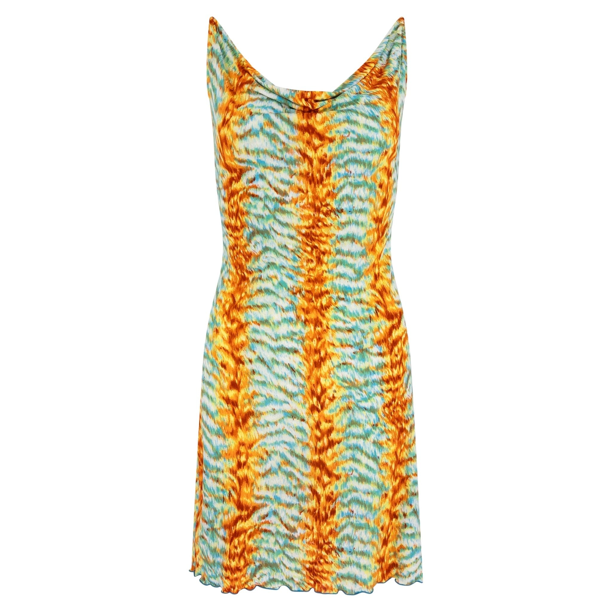 Early 2000s Yigal Azrouël Blue Orange Abstract Print Backless Mini Dress - RealList