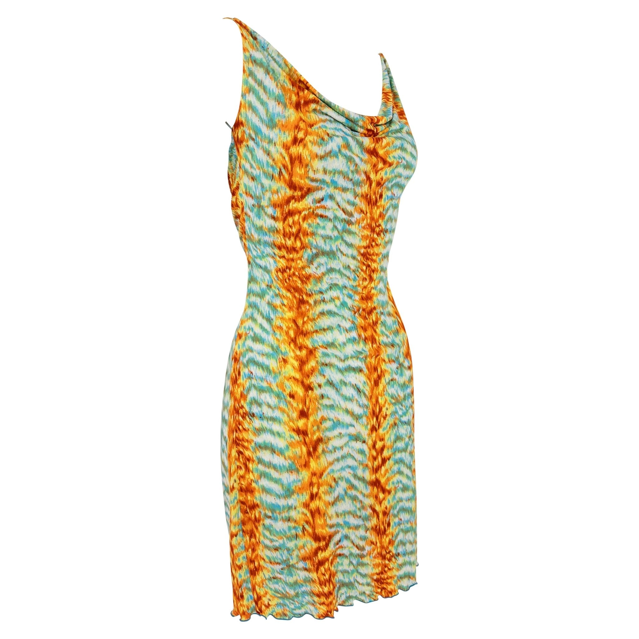 Early 2000s Yigal Azrouël Blue Orange Abstract Print Backless Mini Dress - RealList