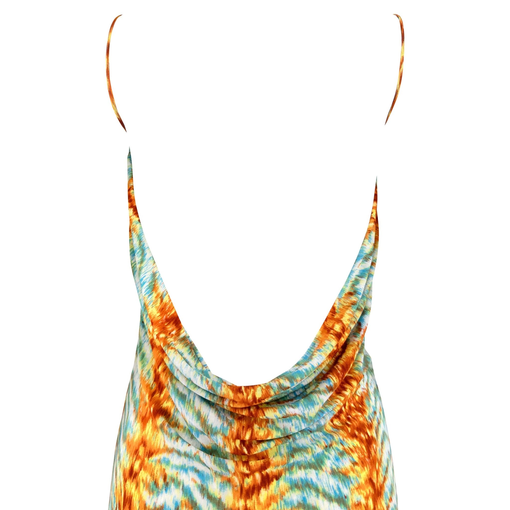 Early 2000s Yigal Azrouël Blue Orange Abstract Print Backless Mini Dress - RealList