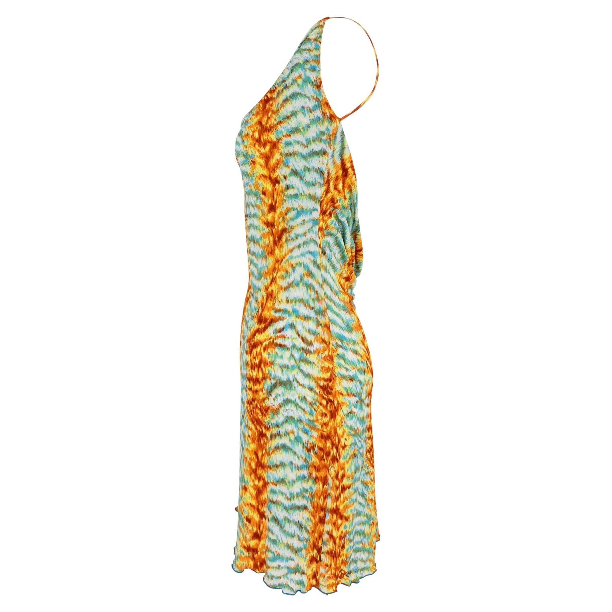 Early 2000s Yigal Azrouël Blue Orange Abstract Print Backless Mini Dress - RealList
