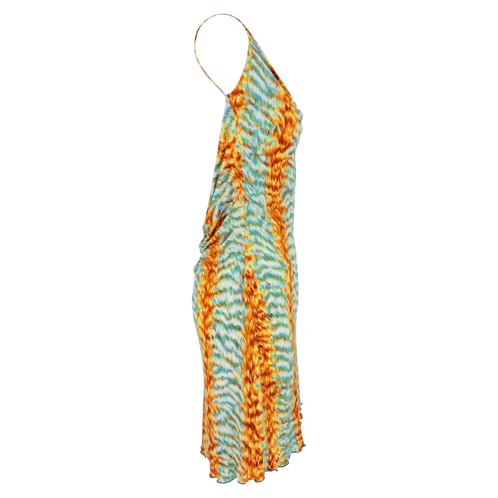Early 2000s Yigal Azrouël Blue Orange Abstract Print Backless Mini Dress - RealList