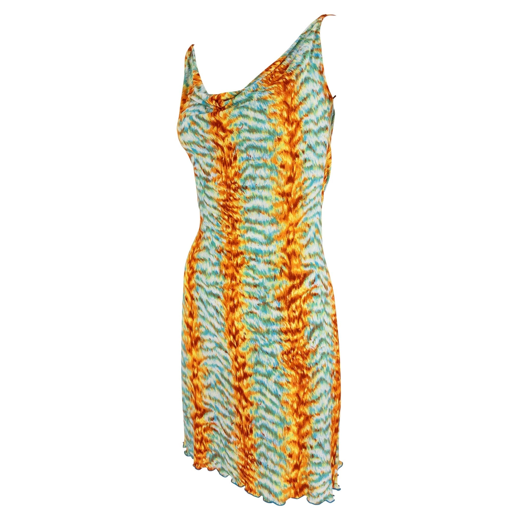Early 2000s Yigal Azrouël Blue Orange Abstract Print Backless Mini Dress - RealList