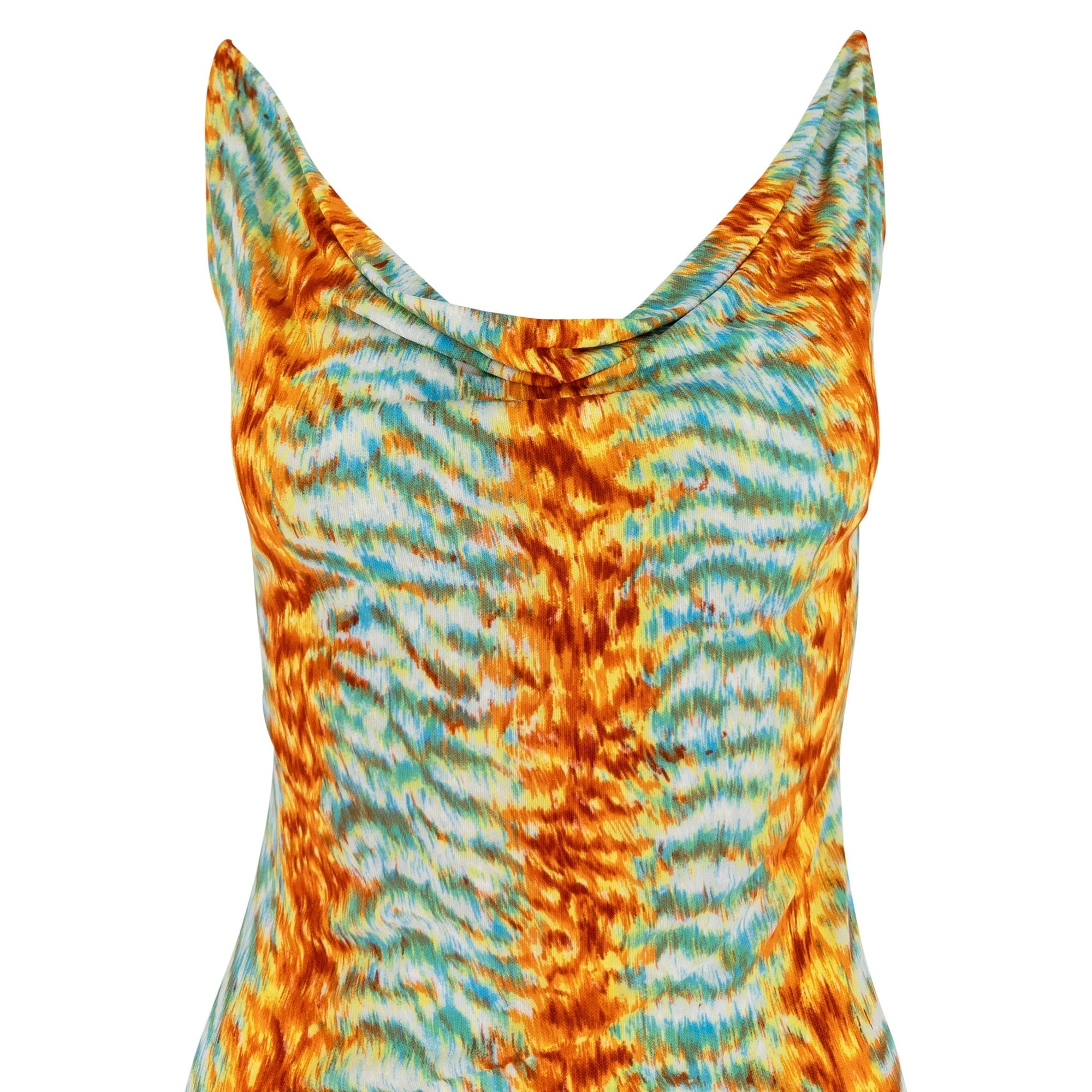 Early 2000s Yigal Azrouël Blue Orange Abstract Print Backless Mini Dress - RealList