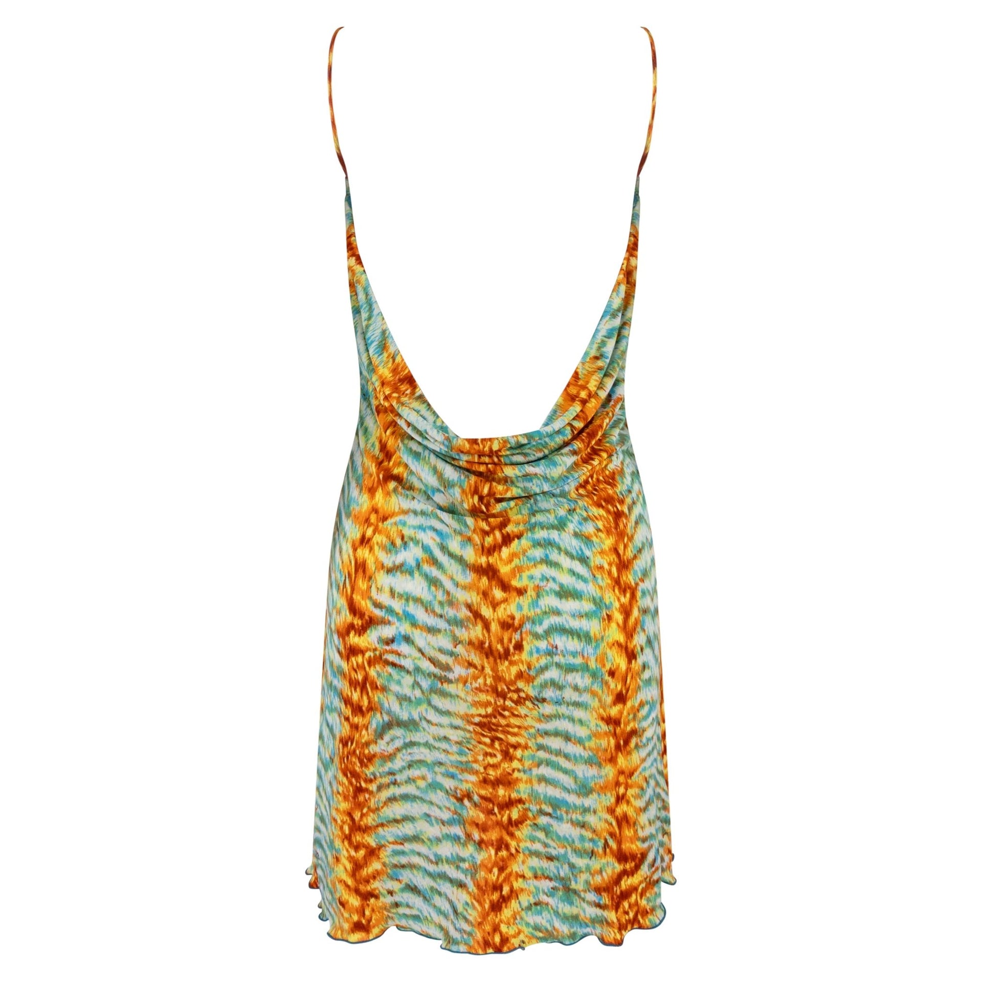 Early 2000s Yigal Azrouël Blue Orange Abstract Print Backless Mini Dress - RealList