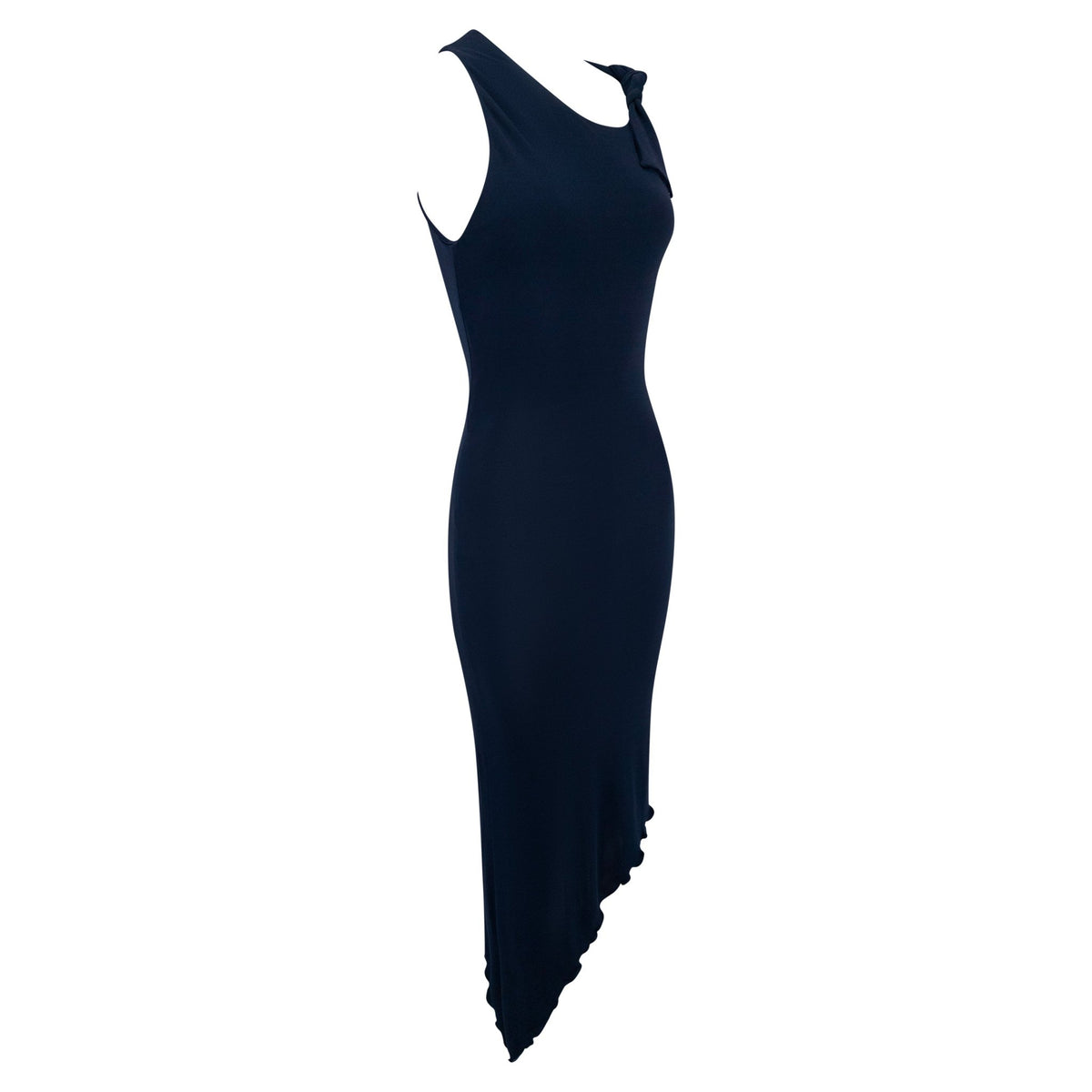 Early 2000s Yigal Azrouël Navy Blue Viscose Asymmetric Tie Dress - RealList