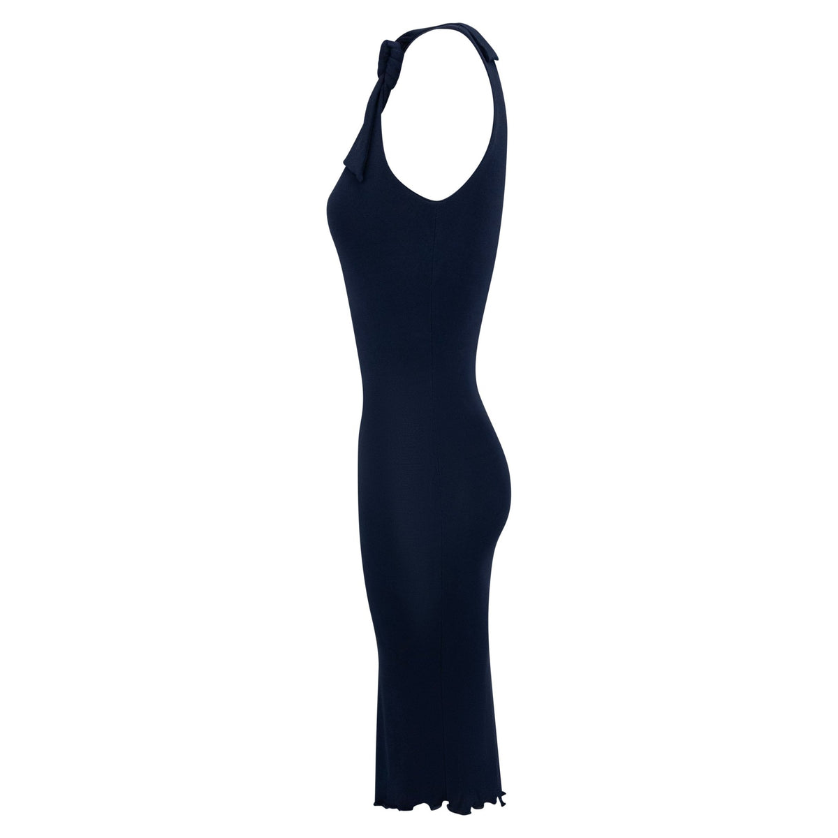 Early 2000s Yigal Azrouël Navy Blue Viscose Asymmetric Tie Dress - RealList