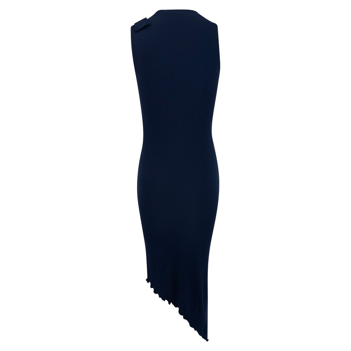 Early 2000s Yigal Azrouël Navy Blue Viscose Asymmetric Tie Dress - RealList