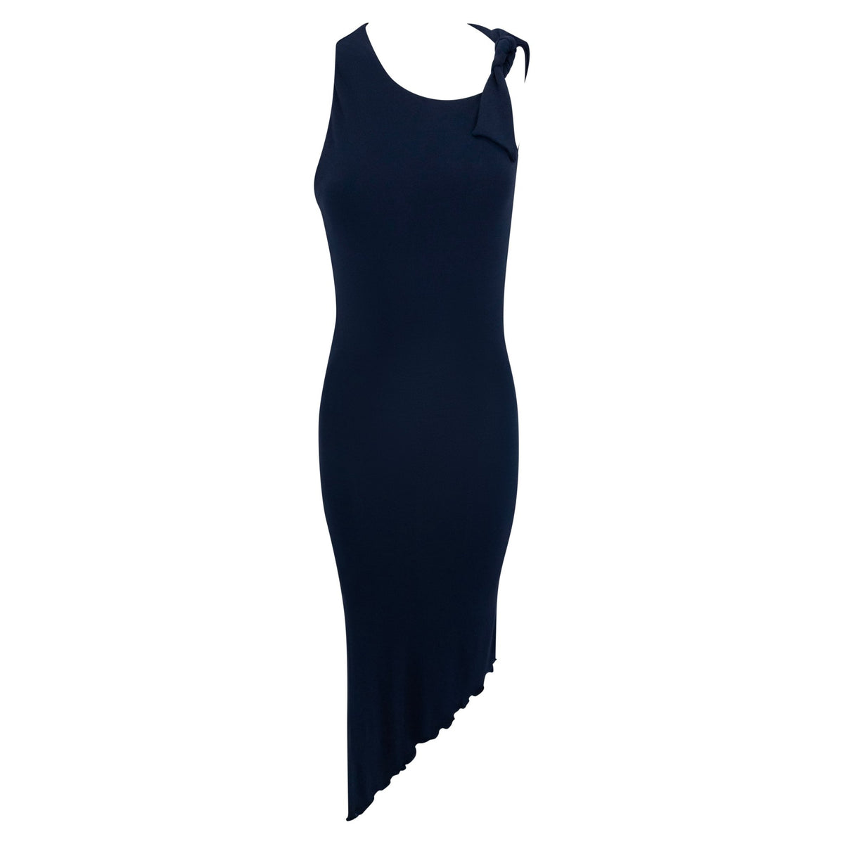 Early 2000s Yigal Azrouël Navy Blue Viscose Asymmetric Tie Dress - RealList