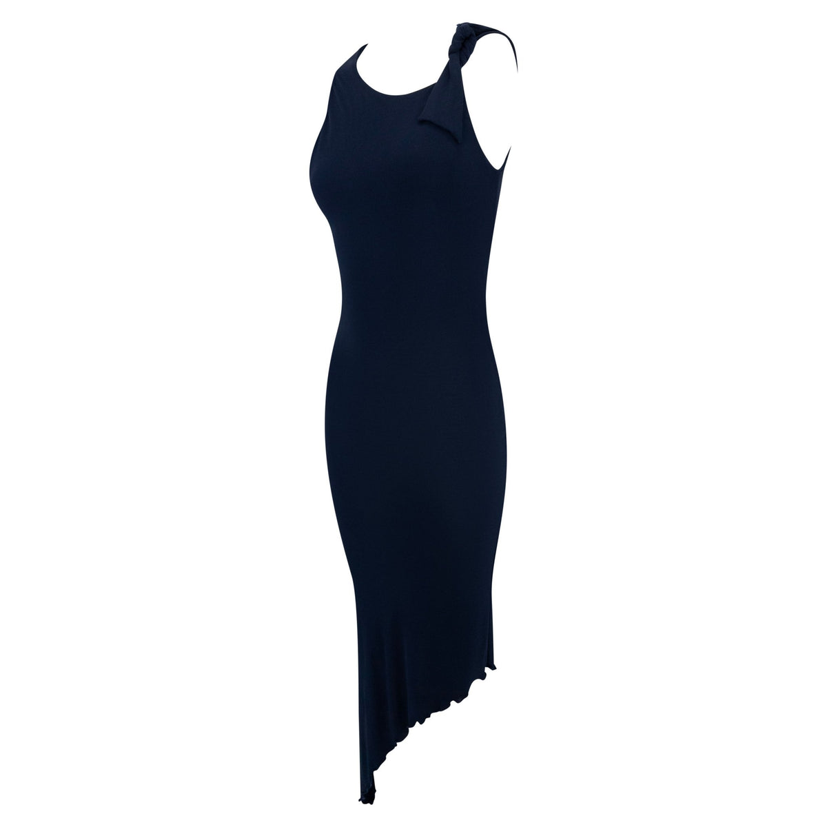 Early 2000s Yigal Azrouël Navy Blue Viscose Asymmetric Tie Dress - RealList